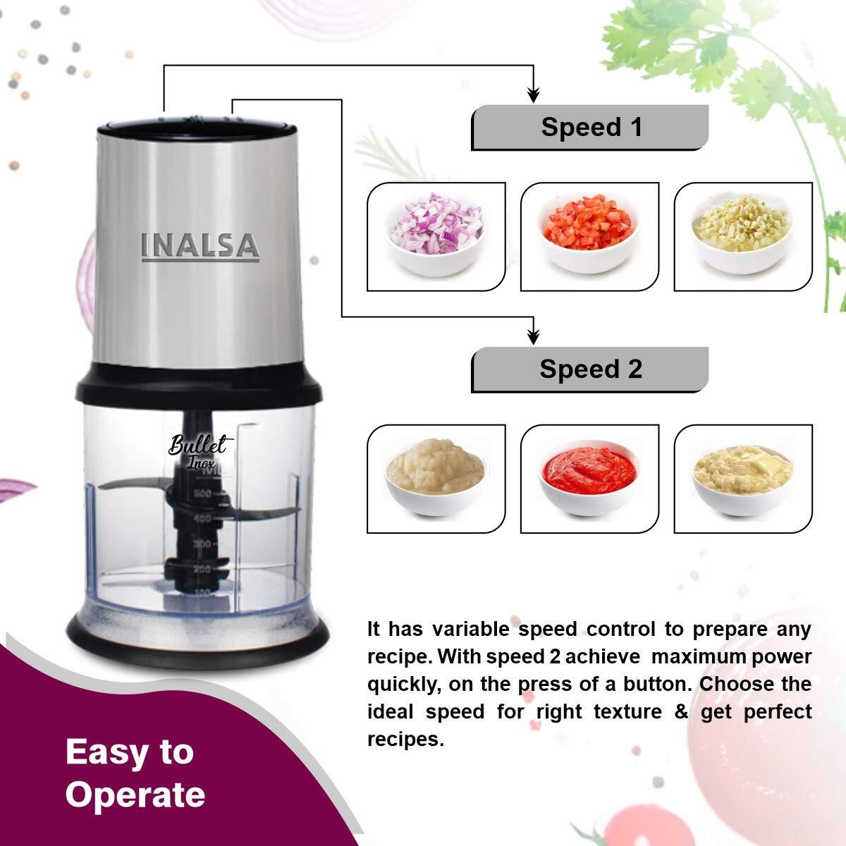 INALSA Electric Chopper for Kitchen With 450 Watts Pure Copper Motor 2 Speed Option|Chop, Mince, Puree, Dice|Twin Blade Technology|900 ml Capacity|One Touch Operation,Long Power Cord-Bullet Inox