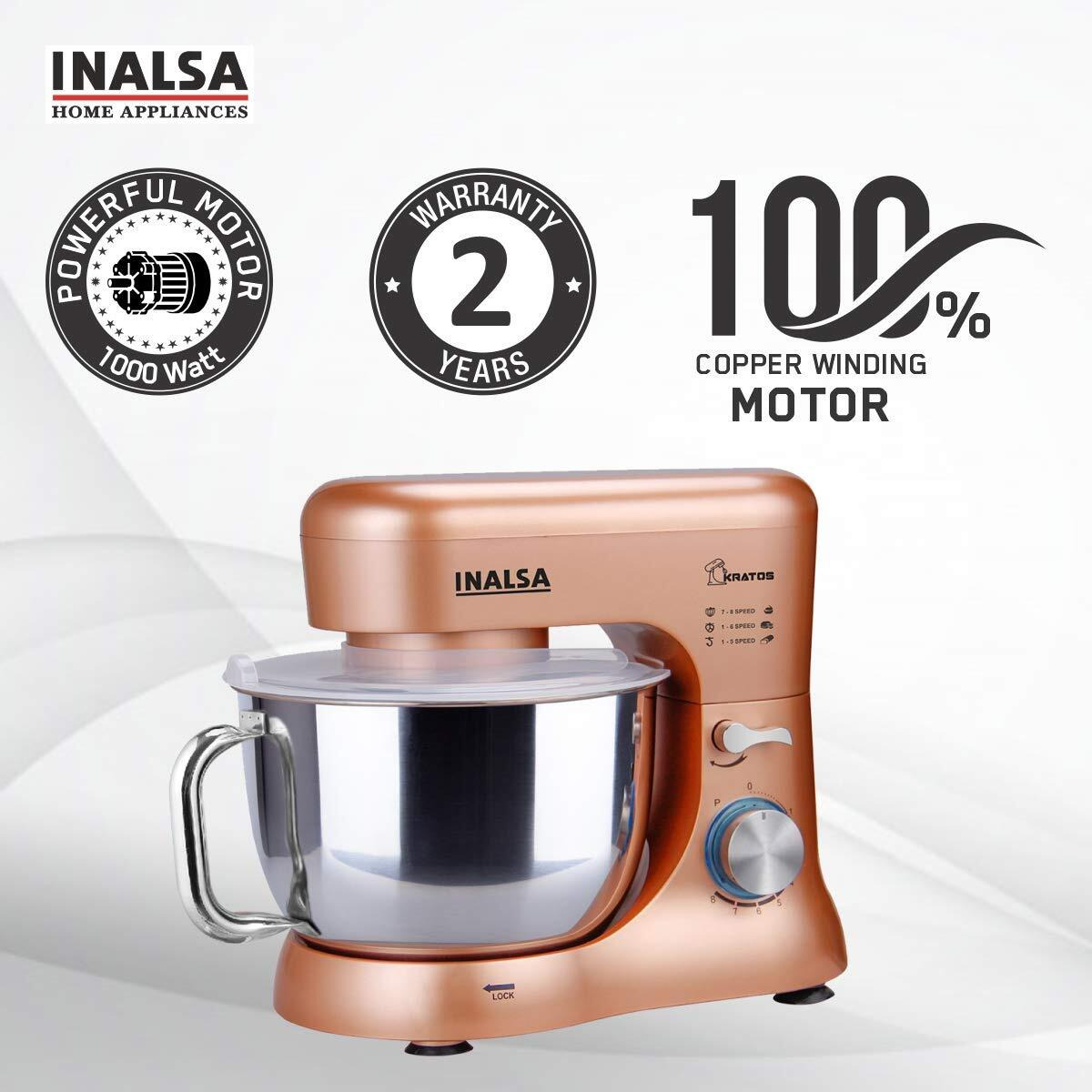 INALSA Stand Mixer Kratos-1000W | 100% Pure Copper Motor| 5L SS Bowl| 8 Speed Control| Tilt Head| Includes Whisking Cone, Mixing Beater & Dough Hook| 2 Years Warranty, (Champagne)