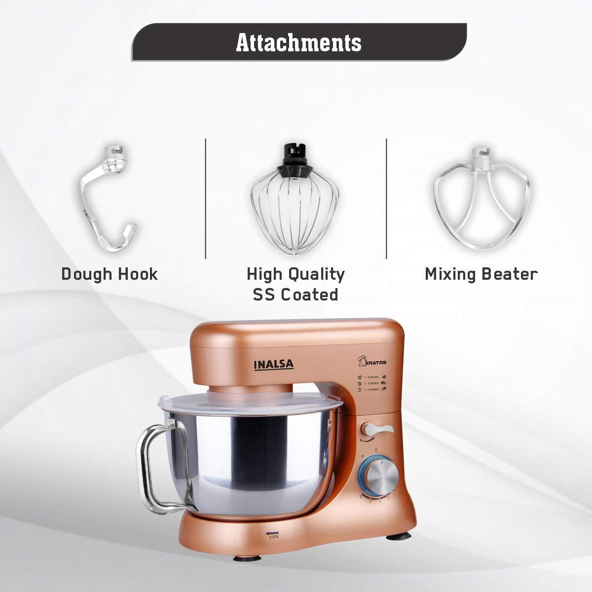 INALSA Stand Mixer Kratos-1000W | 100% Pure Copper Motor| 5L SS Bowl| 8 Speed Control| Tilt Head| Includes Whisking Cone, Mixing Beater & Dough Hook| 2 Years Warranty, (Champagne)