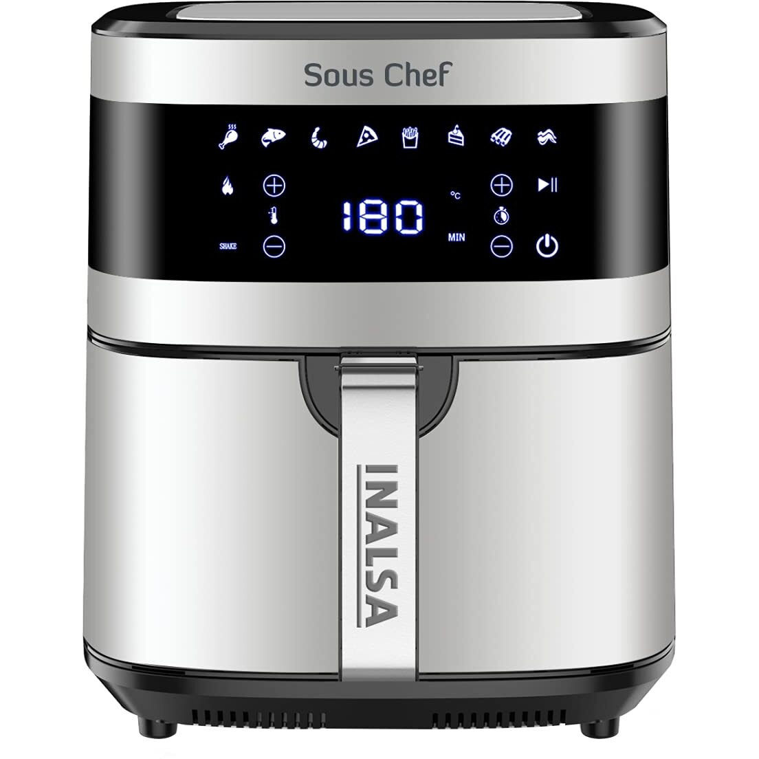 INALSA Air Fryer Digital 6.5 L Sous Chef-1650 Watt with 8 Preset Programs, Variable Temperature Control & Auto Shake Reminder|Free Recipe book|2 Year Warranty(Black/Silver)