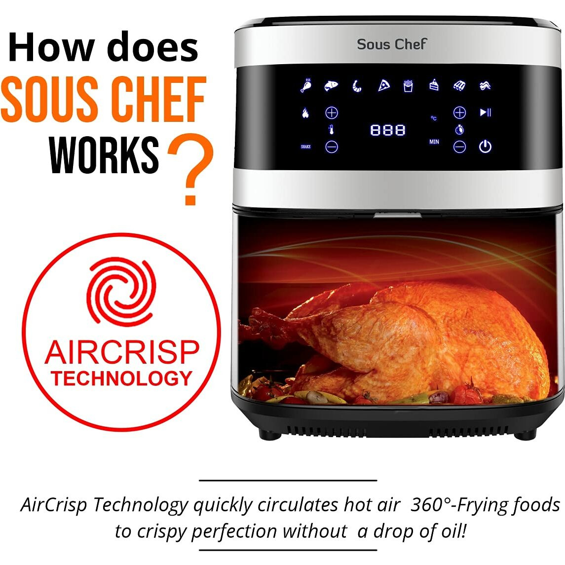 INALSA Air Fryer Digital 6.5 L Sous Chef-1650 Watt with 8 Preset Programs, Variable Temperature Control & Auto Shake Reminder|Free Recipe book|2 Year Warranty(Black/Silver)