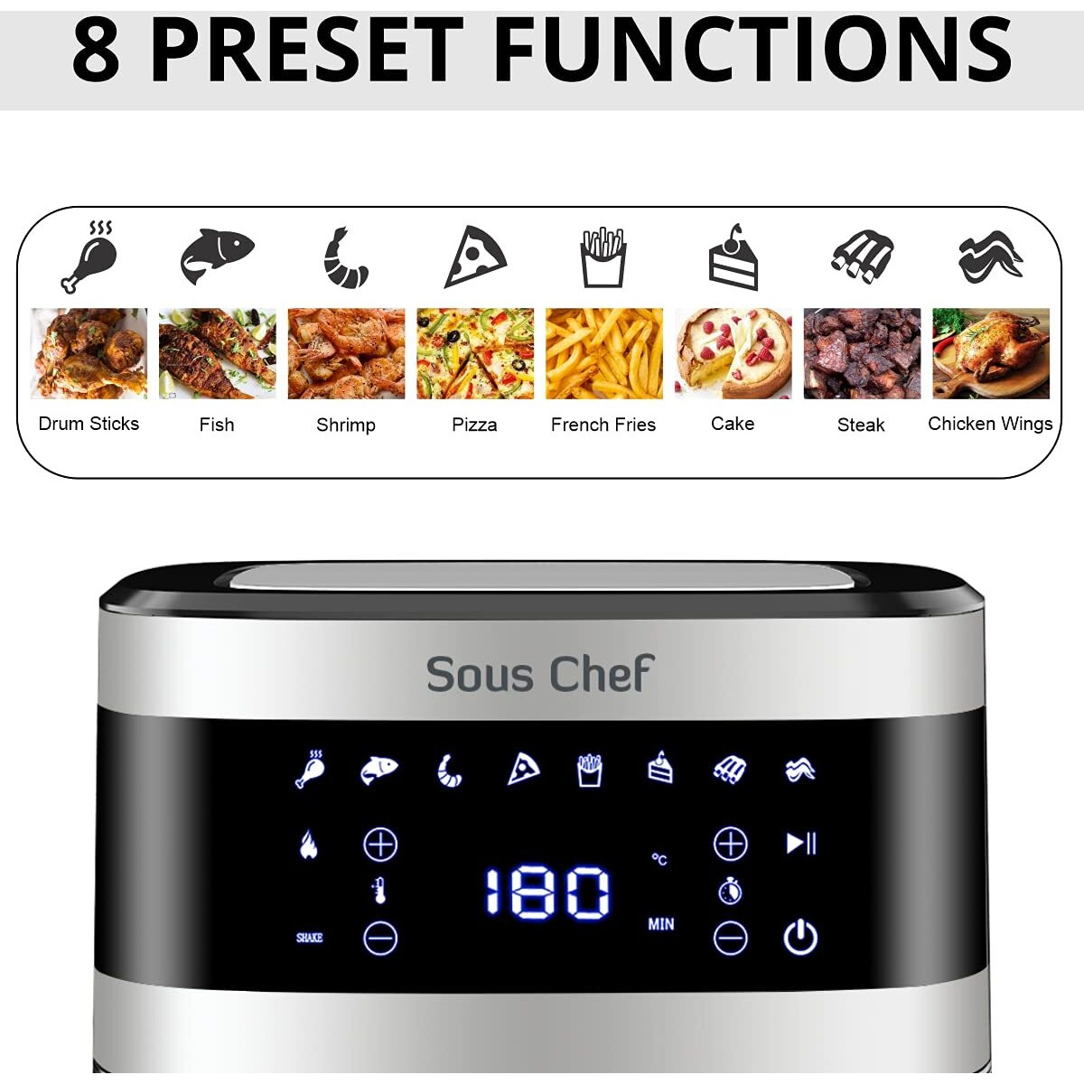 INALSA Air Fryer Digital 6.5 L Sous Chef-1650 Watt with 8 Preset Programs, Variable Temperature Control & Auto Shake Reminder|Free Recipe book|2 Year Warranty(Black/Silver)