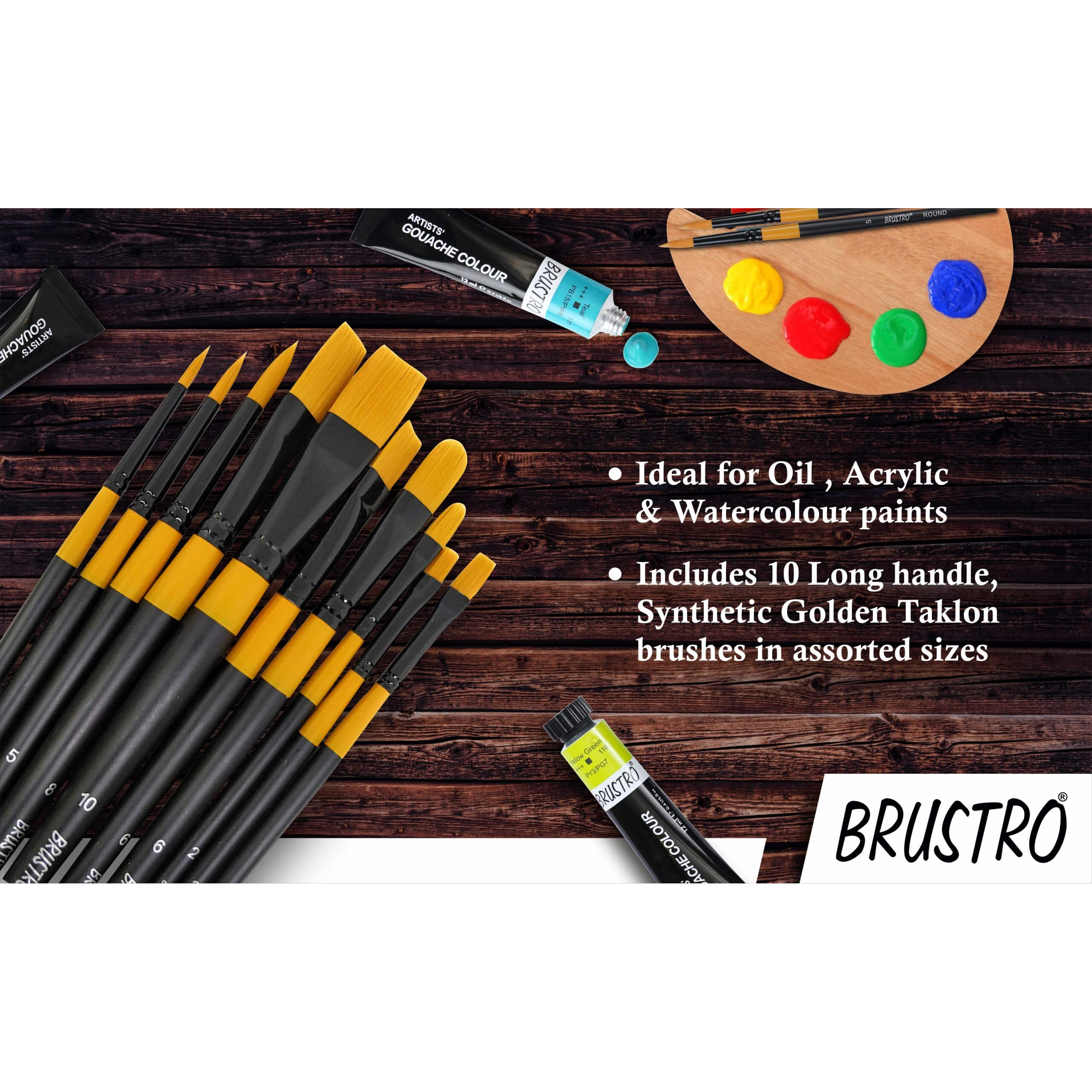 Brustro Artists Gold Taklon Set of 10 Brushes for Acrylics, Oil and Watercolour.