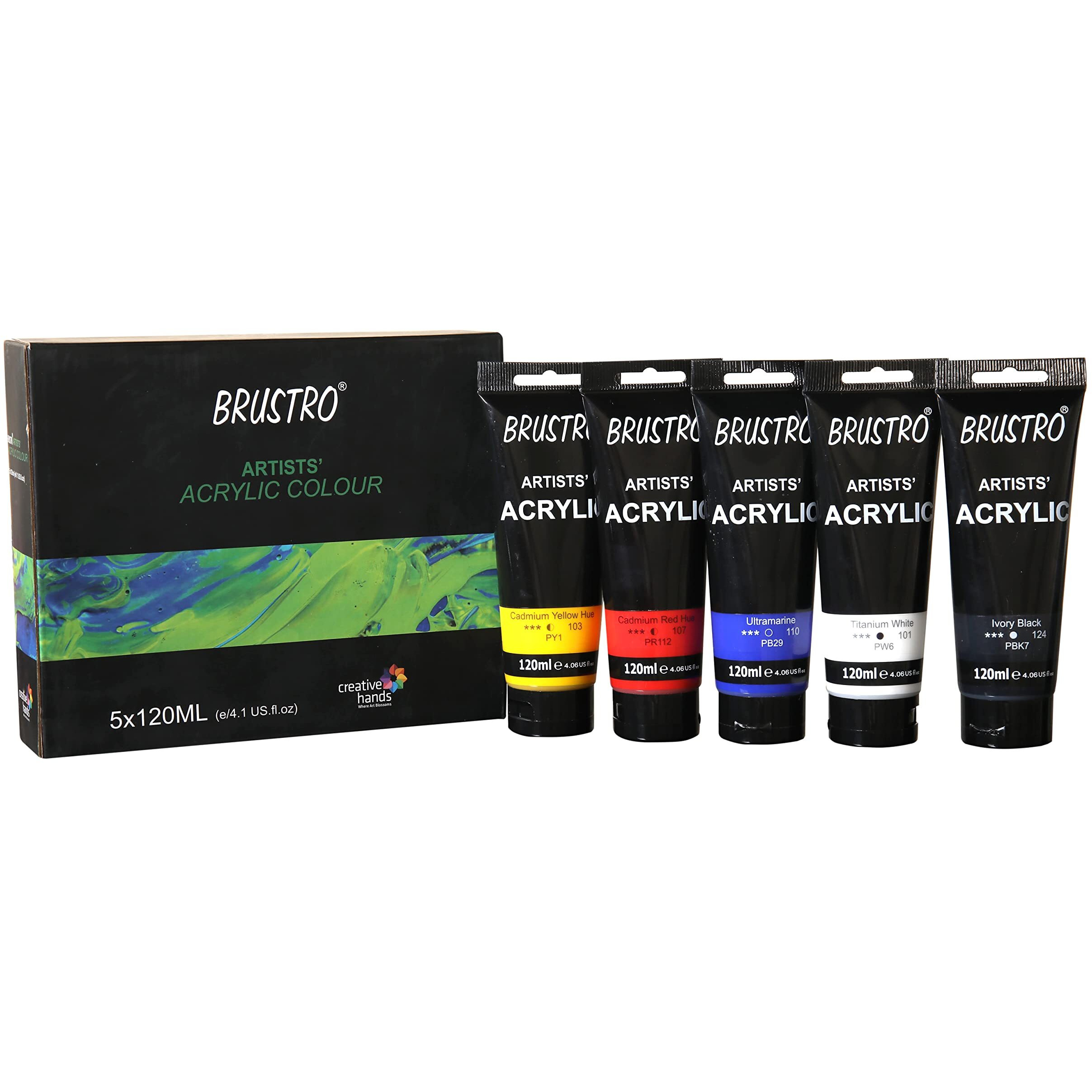 BRUSTRO Artists Acrylic 120ml, Set of 5 Primary Shades (Titanium White, Cad Yellow, Ultramarine, Cadmium Red & Ivory Black)