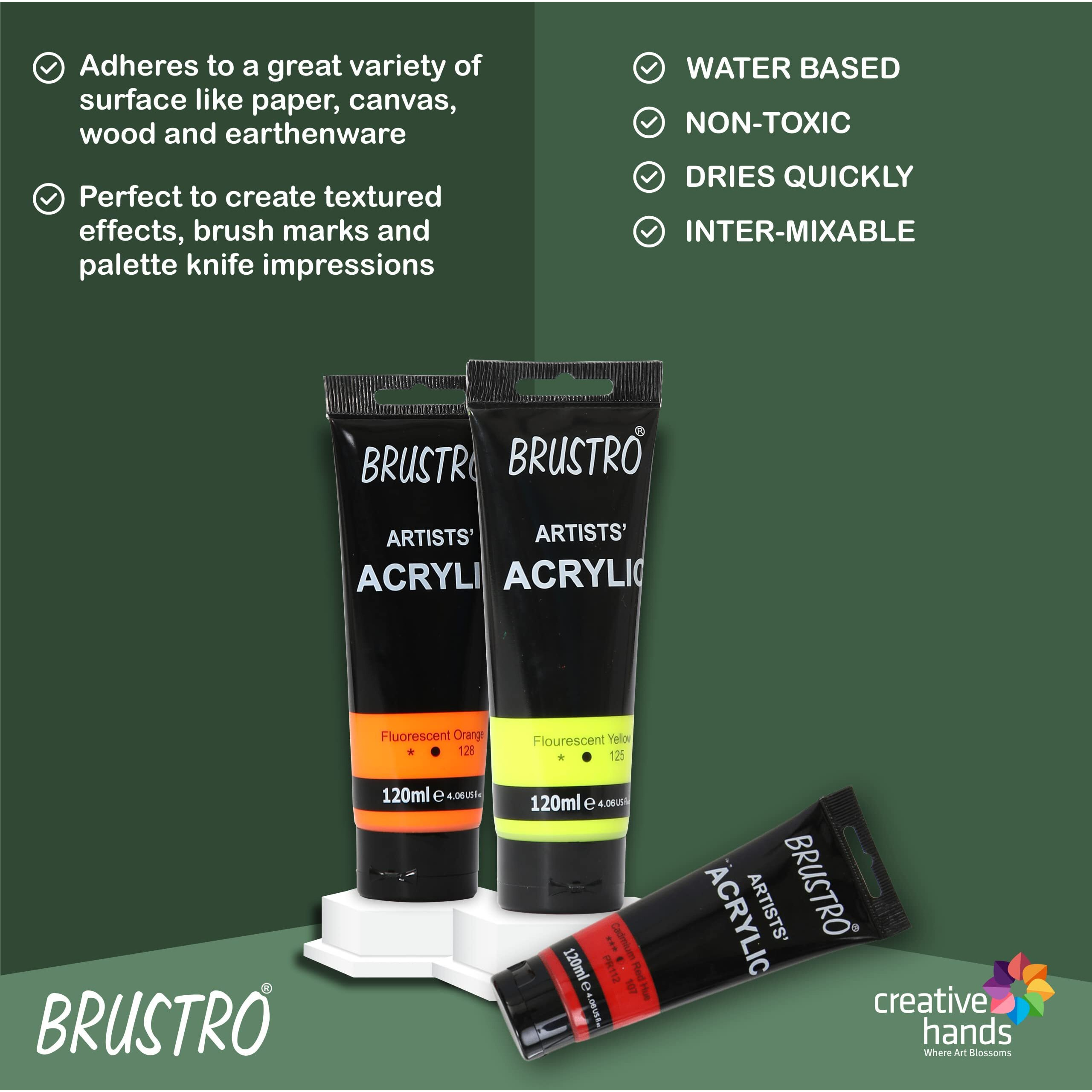 BRUSTRO Artists Acrylic 120ml, Set of 5 Primary Shades (Titanium White, Cad Yellow, Ultramarine, Cadmium Red & Ivory Black)