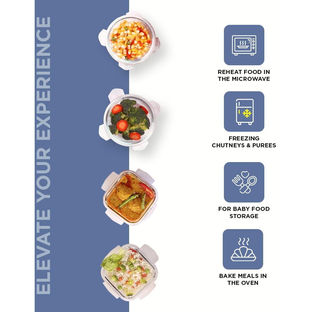 SOPL-OLIVEWARE Olive Glass Lunch Box, Insulated Fabric Bag, Leak Proof & Microwave Safe, Borosilicate Glass, Set of 4 (2x320ml & 2x400ml) - Blue