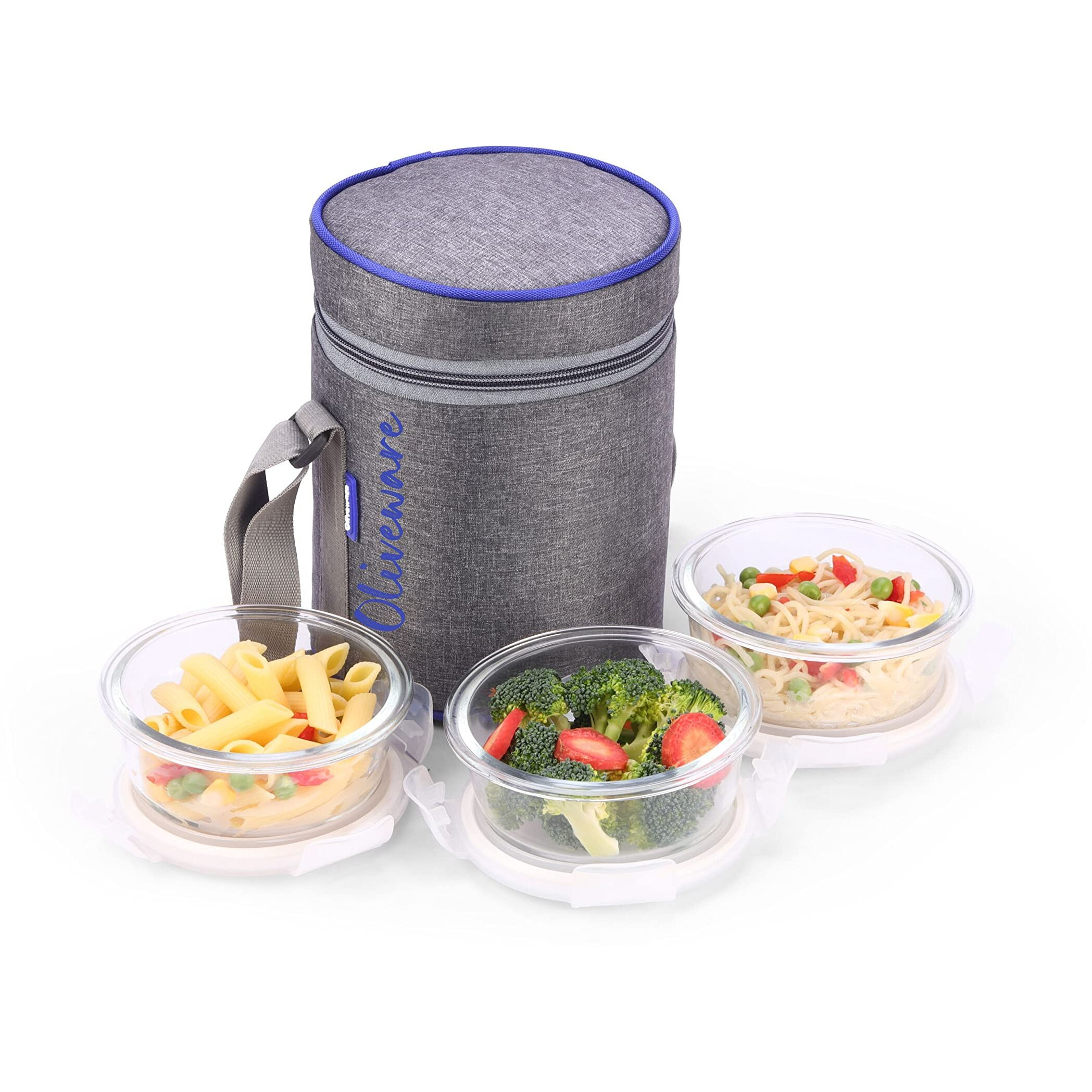 SOPL-OLIVEWARE Innox Glassware Lunchbox, Borosilicate Glass Containers, Microwave Safe & Leak Proof, 3 Containers with BPA Free Airtight Lid (400ml) Each - Blue