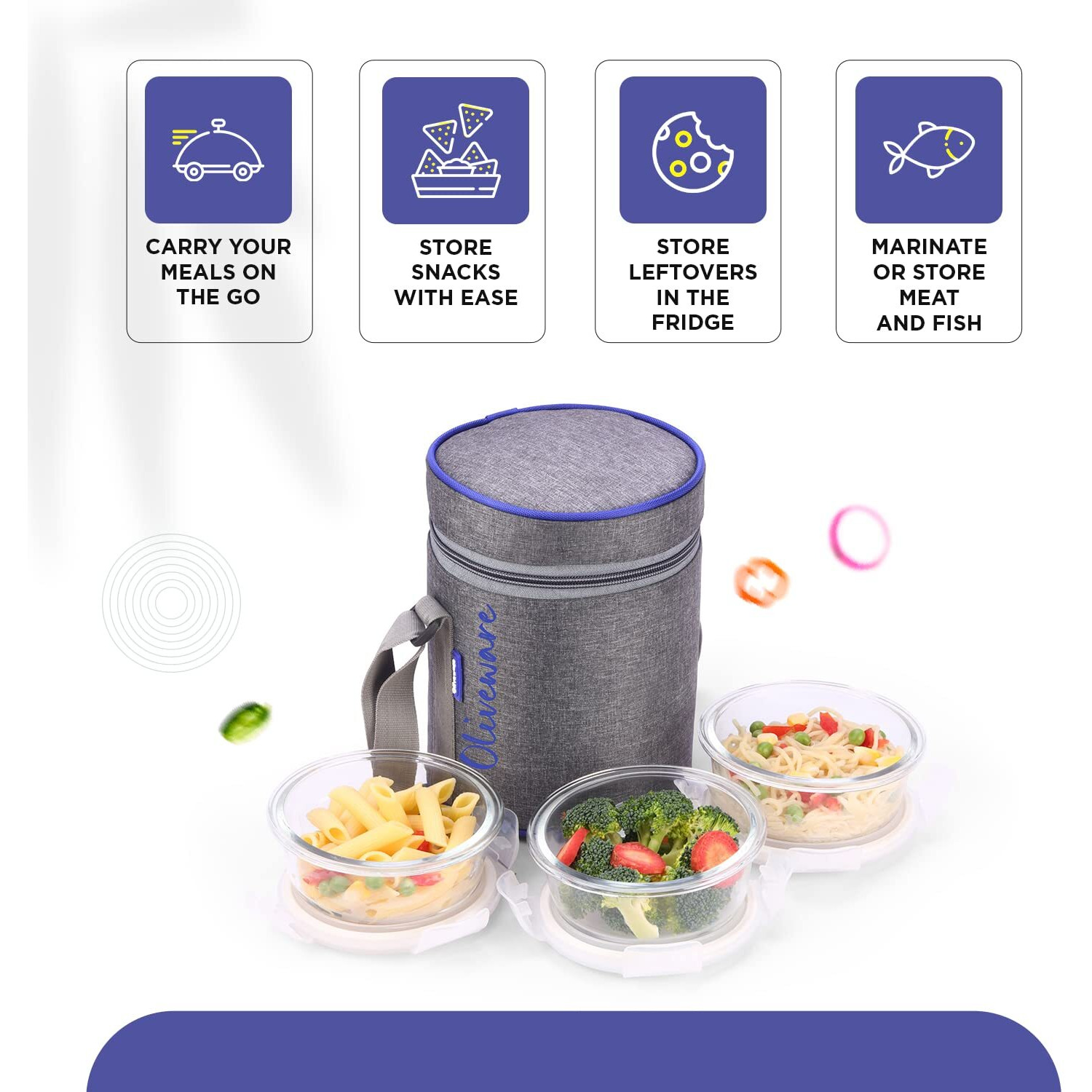SOPL-OLIVEWARE Innox Glassware Lunchbox, Borosilicate Glass Containers, Microwave Safe & Leak Proof, 3 Containers with BPA Free Airtight Lid (400ml) Each - Blue