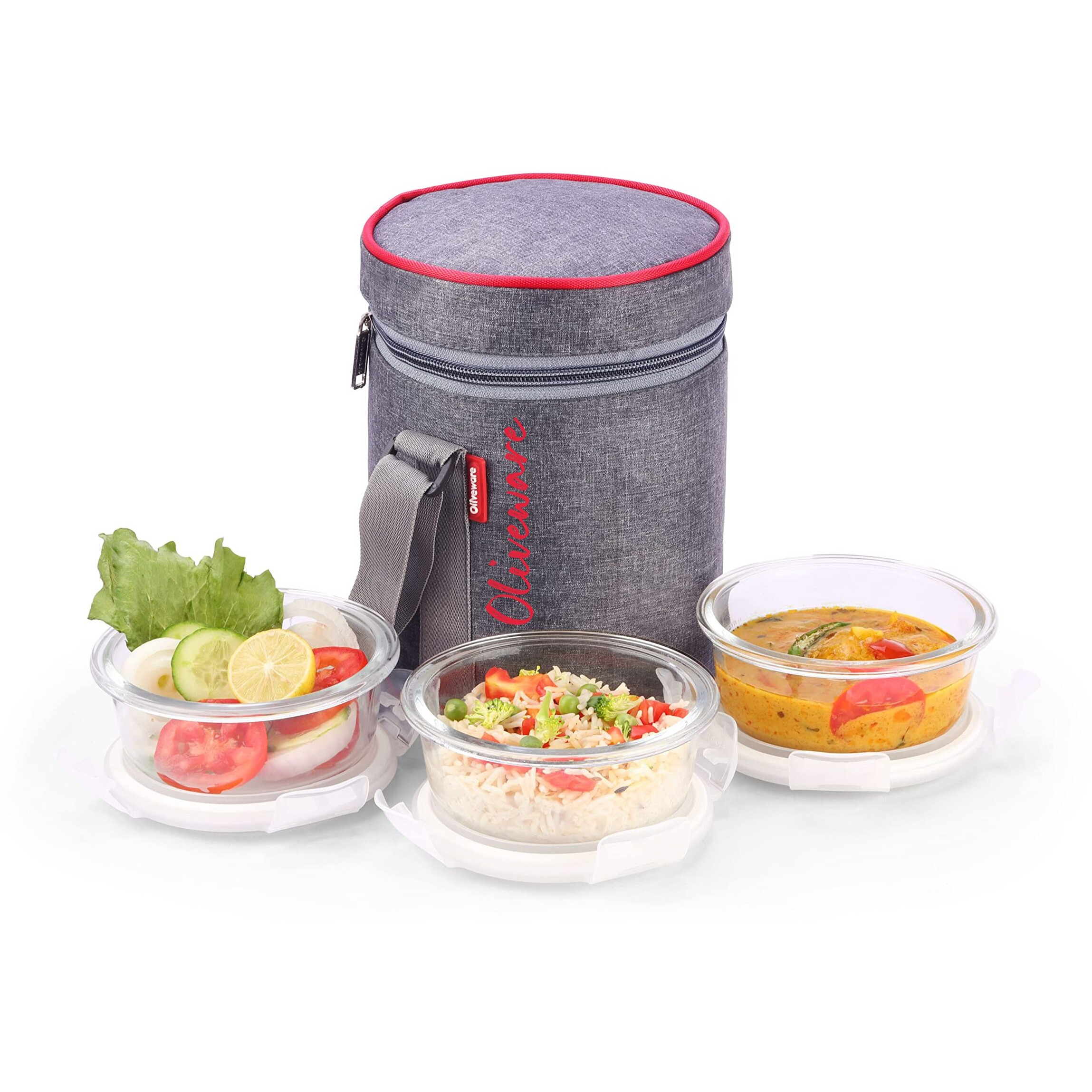 SOPL-OLIVEWARE Innox Glassware Lunchbox, Borosilicate Glass Containers, Microwave Safe & Leak Proof, 3 Containers with BPA Free Airtight Lids (400ml) Each - Red