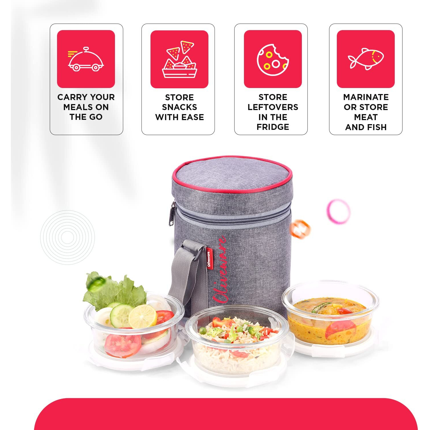 SOPL-OLIVEWARE Innox Glassware Lunchbox, Borosilicate Glass Containers, Microwave Safe & Leak Proof, 3 Containers with BPA Free Airtight Lids (400ml) Each - Red