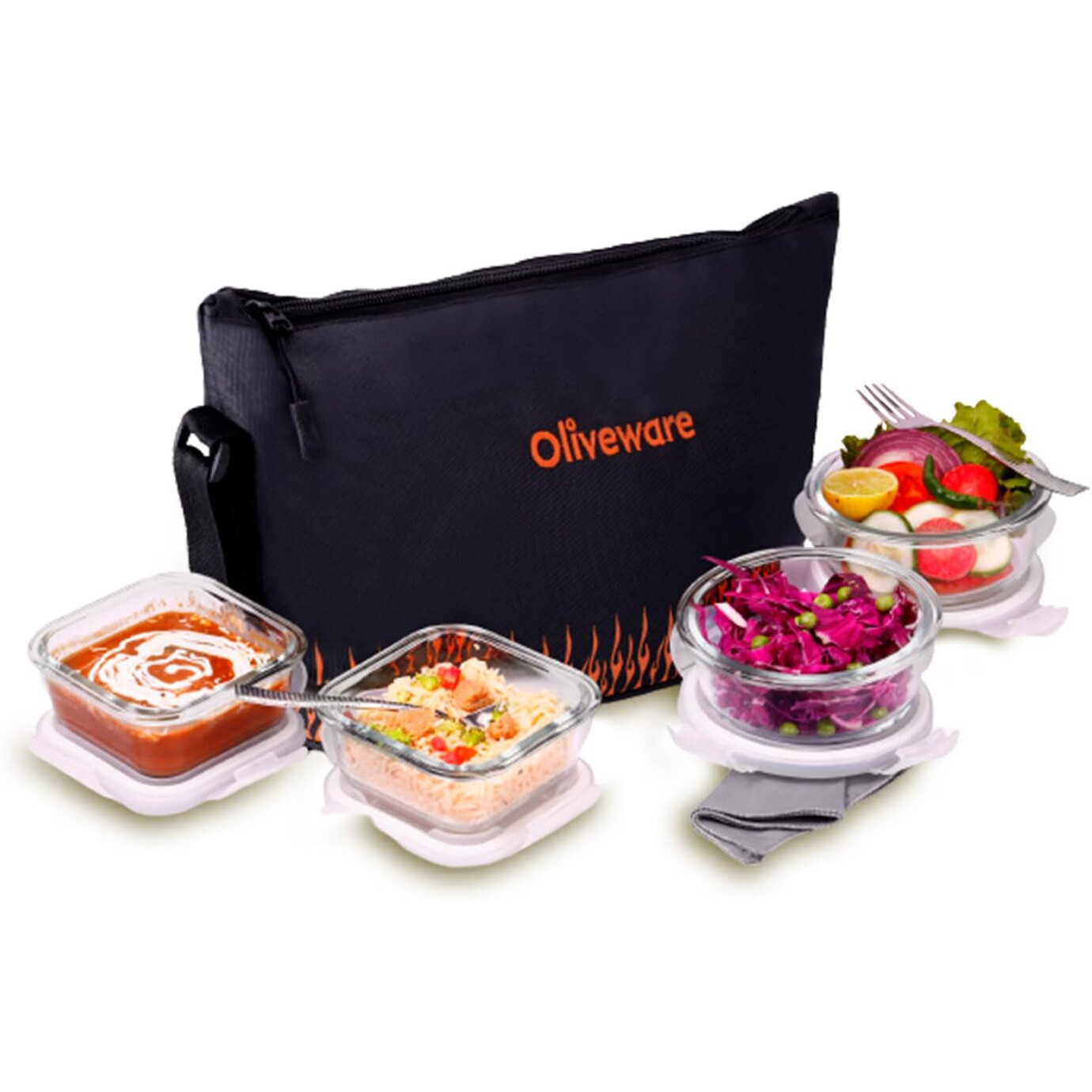 SOPL-OLIVEWARE Musk Glassware Lunchbox with Napkin & Steel Cutlery, Borosilicate Glass & Microwave Proof, Safety Lock Airtight Square Tiffin, 4 Container (2 * 320ml & 2 * 400ml) - Black&Orange