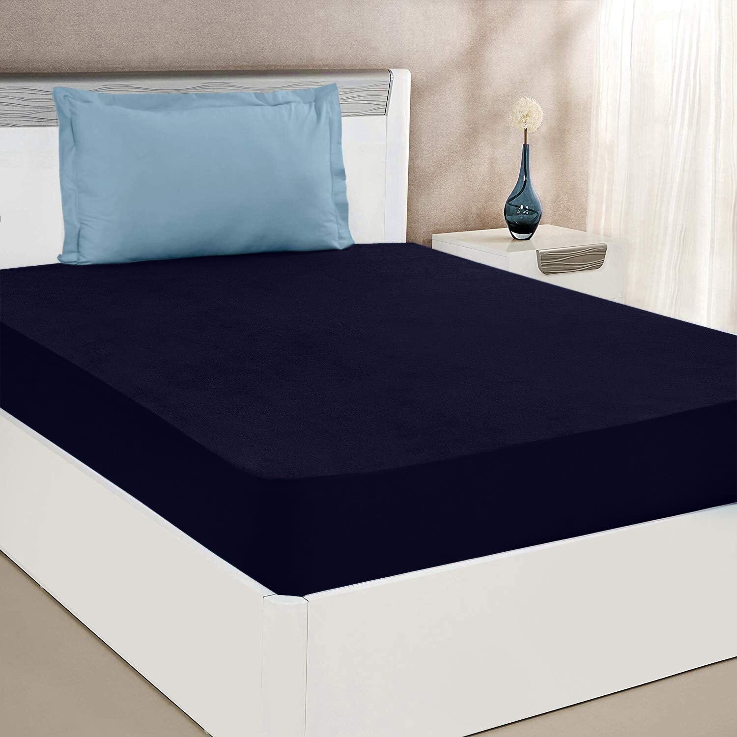 Mattress Protector Terry Cotton Feel Ultra Soft Waterproof Mattress Protector Breathable Lycra Fitted Mattress Cover - 78 x 36 Inch / 6.5 x 3 Feet, Single Bed Dark Blue