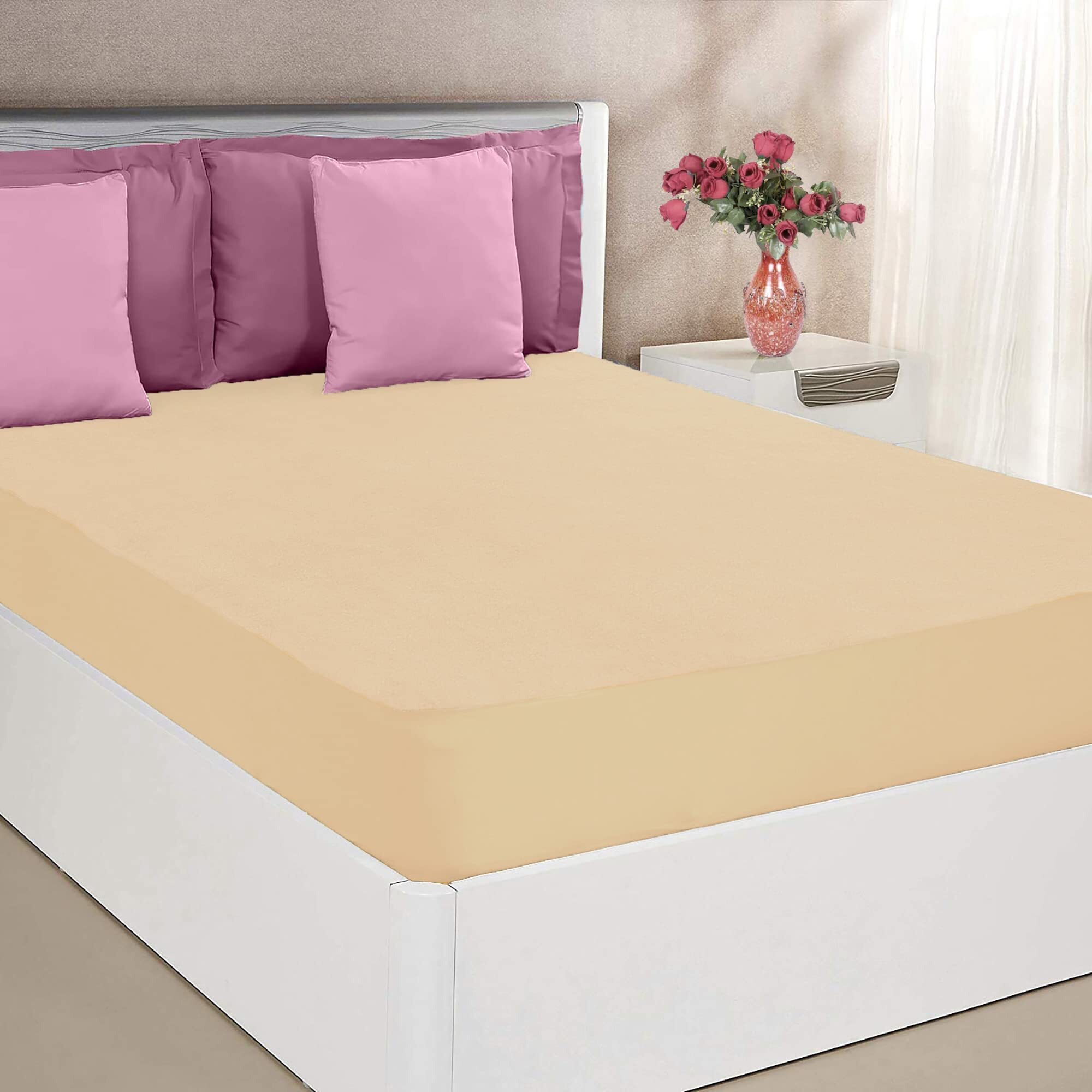 Mattress Protector Cotton Feel Terry Ultra Soft Water Resistant Bed Bug Mattress Protector | Breathable - Hypoallergenic Mattress Cover - 72 x 75 Inch, 6.25 x 6 Feet - Double Bed  Beige