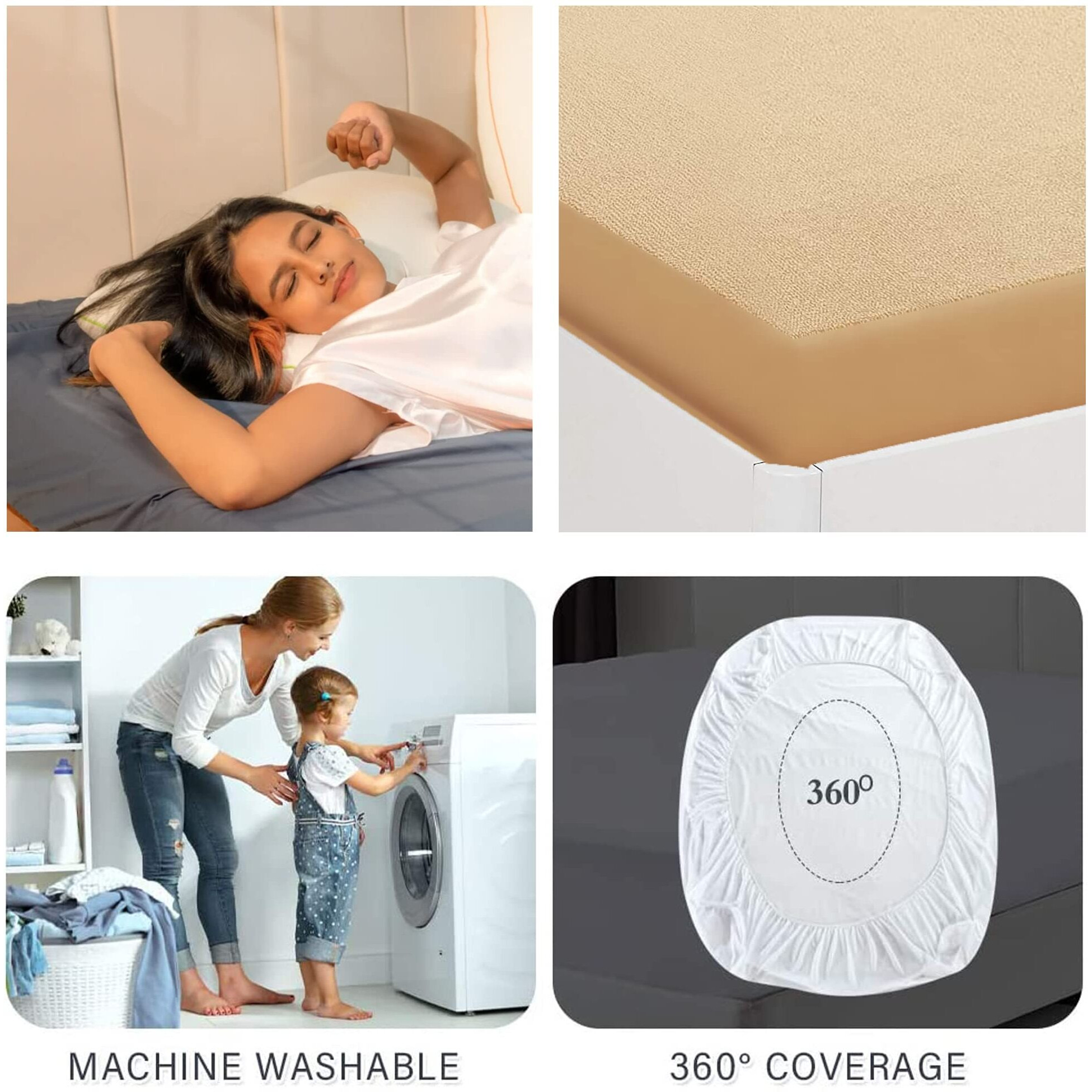 Mattress Protector Cotton Feel Terry Ultra Soft Water Resistant Bed Bug Mattress Protector | Breathable - Hypoallergenic Mattress Cover - 72 x 75 Inch, 6.25 x 6 Feet - Double Bed  Beige