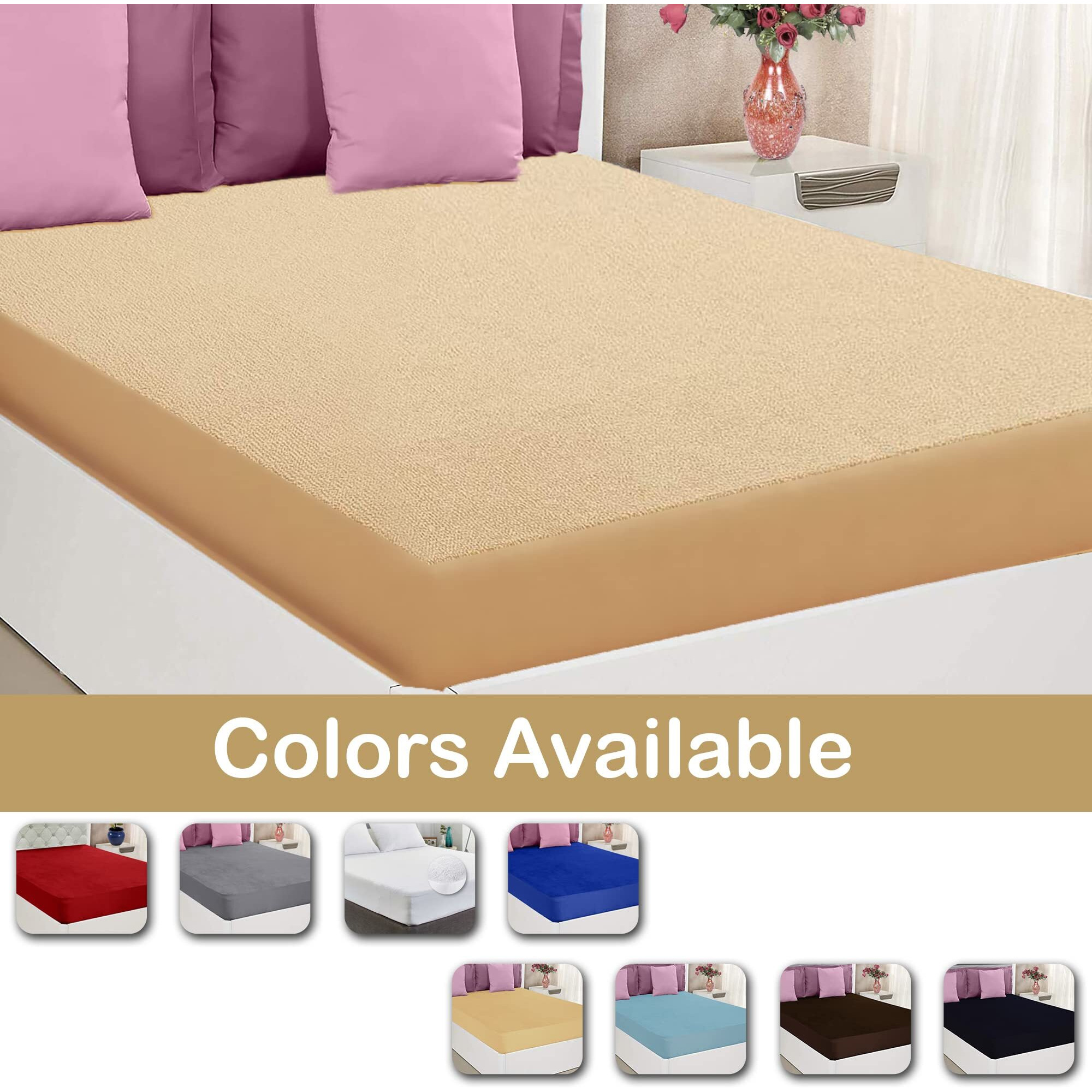 Mattress Protector 100% Waterproof Mattress Bed Cover, Terry Cotton Ultra Soft Bed Cover, Breathable and Comfortable Mattress Cover - 72 x 72 Inch / 6 x 6 Feet - Double Bed Size - Beige