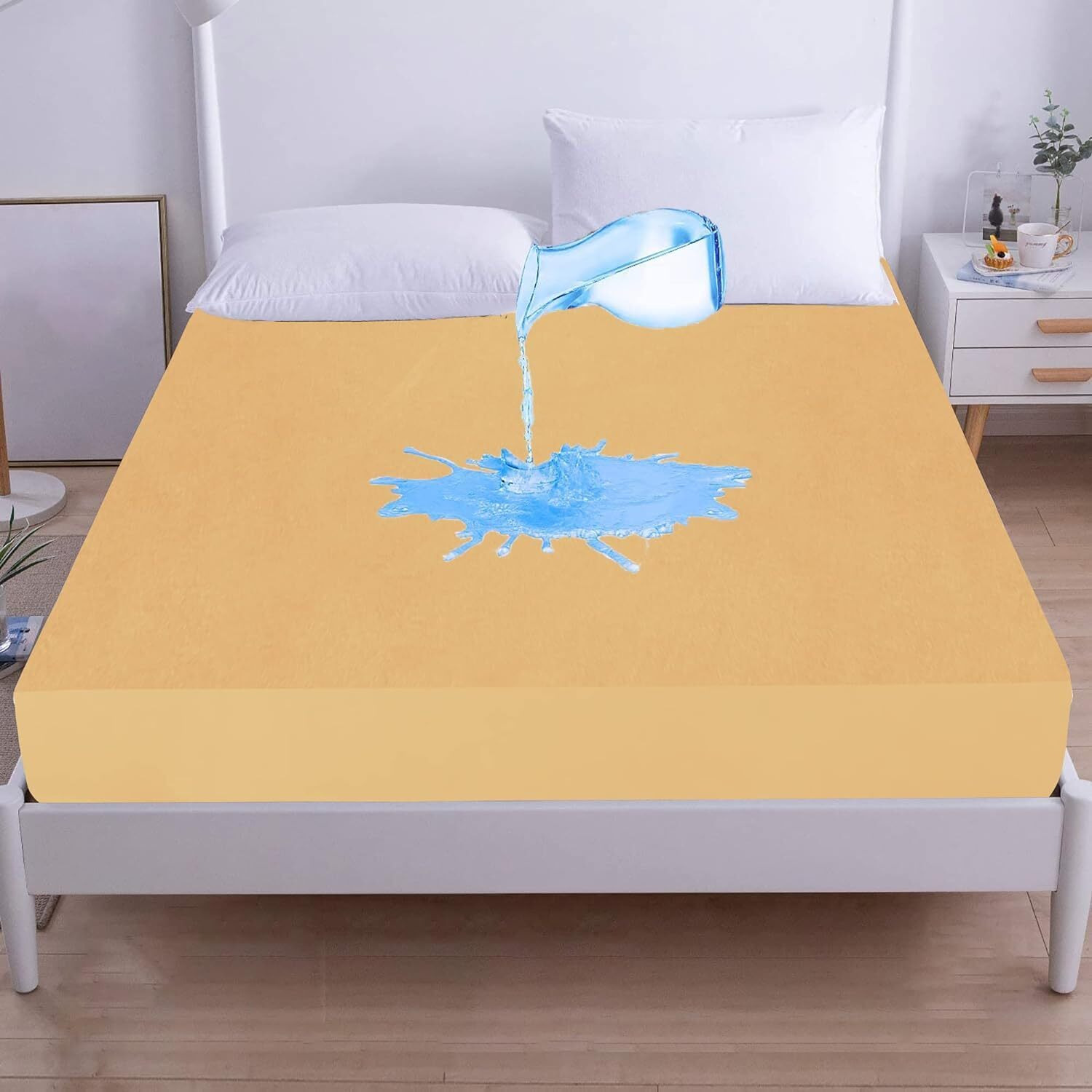 GADDA CO 100% Waterproof Mattress Bed Cover, Terry Cotton Ultra Soft Bed Cover, Breathable and Comfortable Mattress Cover - 72 X 72 Inch / 6 X 6 Feet - Double Bed Size - Beige