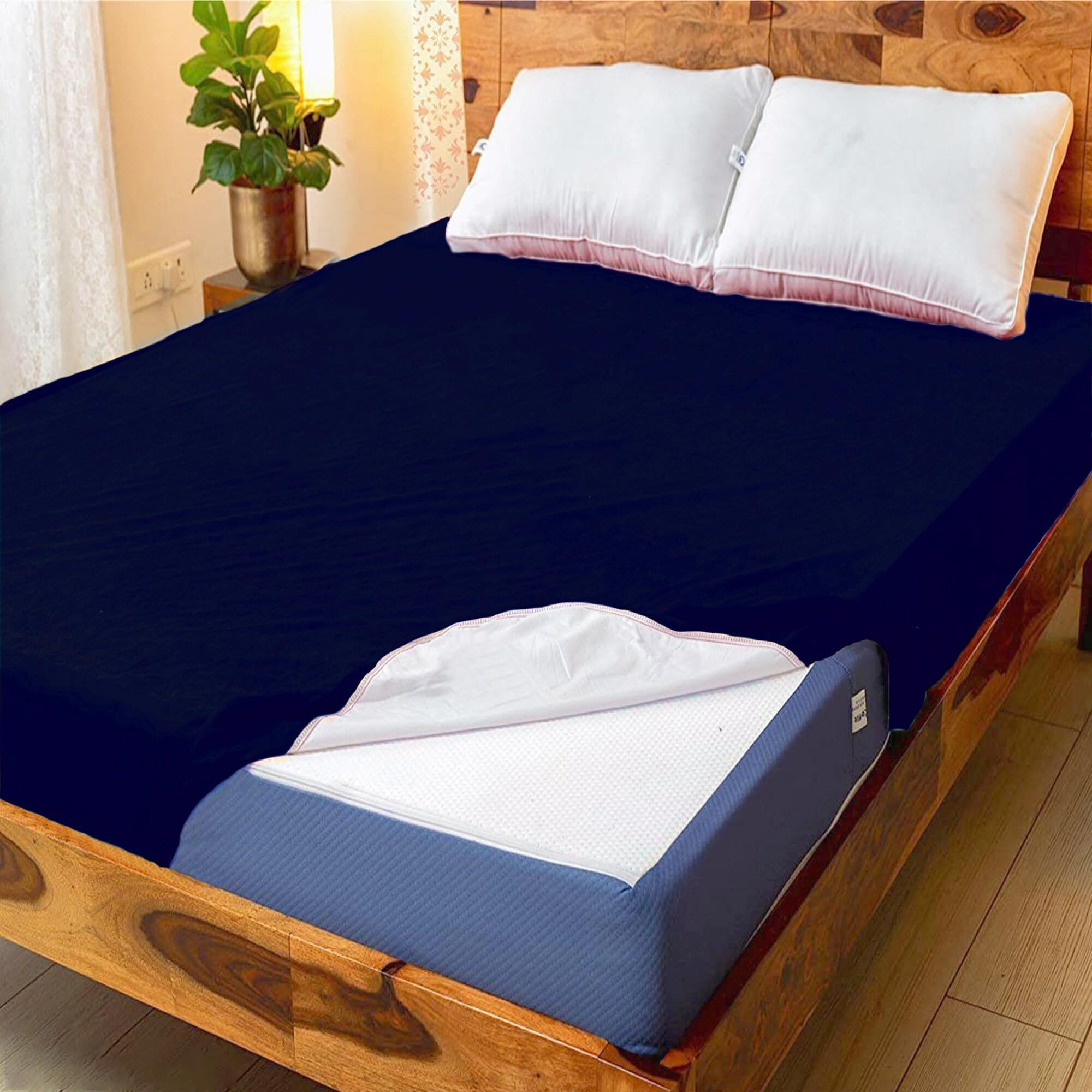 GADDA CO Terry Cotton Feel Ultra Soft Water Resistant Mattress Bed Protector Cover with Breathable and Stretchable Mattress Topper - 78 X 48 Inch / 6.5 X 4 Feet  Twin/Single Bed  Dark Blue