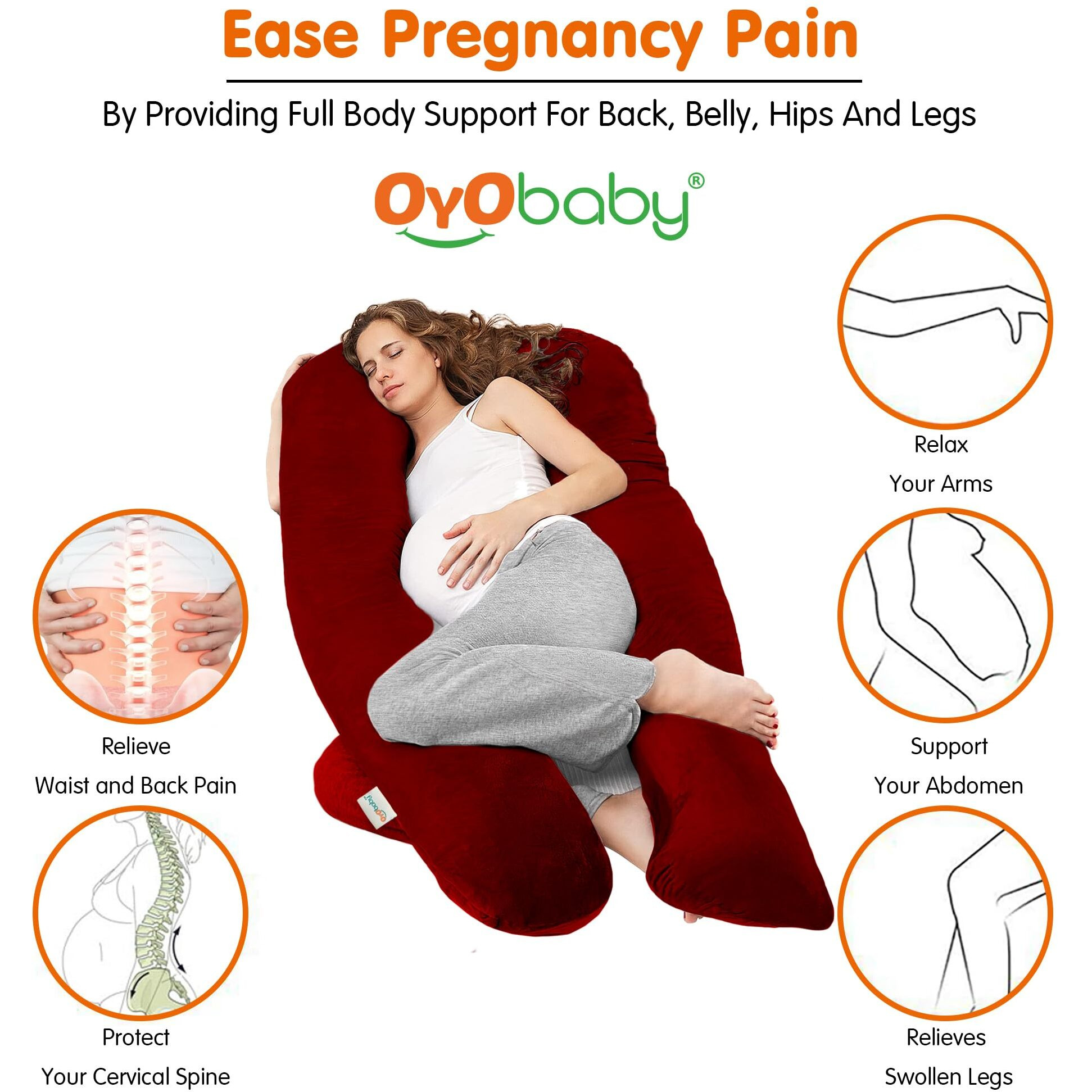 OYO BABY Maternity Pillows for Pregnancy Sleeping | Pregnancy Pillows for Sleeping, Maternity Pillow for Pregnant Women, U-Shaped Pillow, Washable Premium Velvet Cover (Maroon)