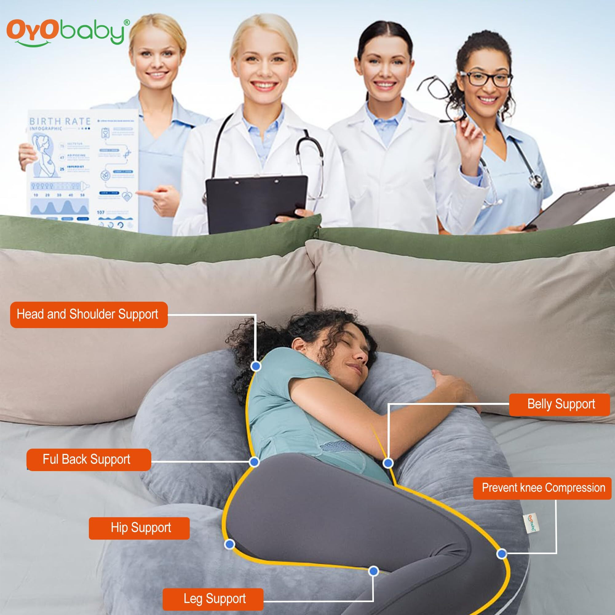 OYO BABY Maternity Pillows for Pregnant Women with Washable Premium Velvet Cover| Maternity Pillow with Removable Cover | Pregnancy Pillows for Sleeping | C-Shaped Maternity Pillow (Grey Color)