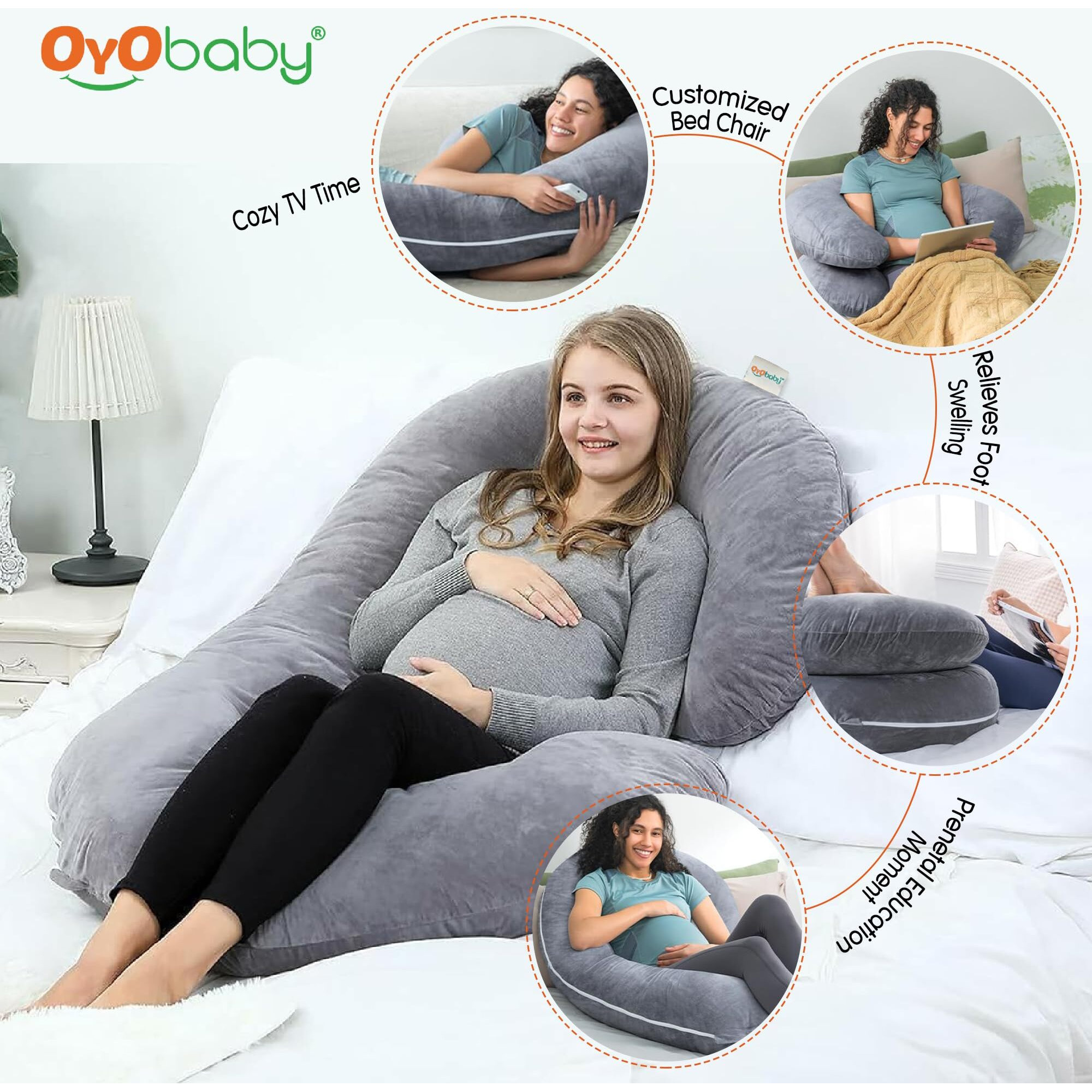 OYO BABY Maternity Pillows for Pregnant Women with Washable Premium Velvet Cover| Maternity Pillow with Removable Cover | Pregnancy Pillows for Sleeping | C-Shaped Maternity Pillow (Grey Color)