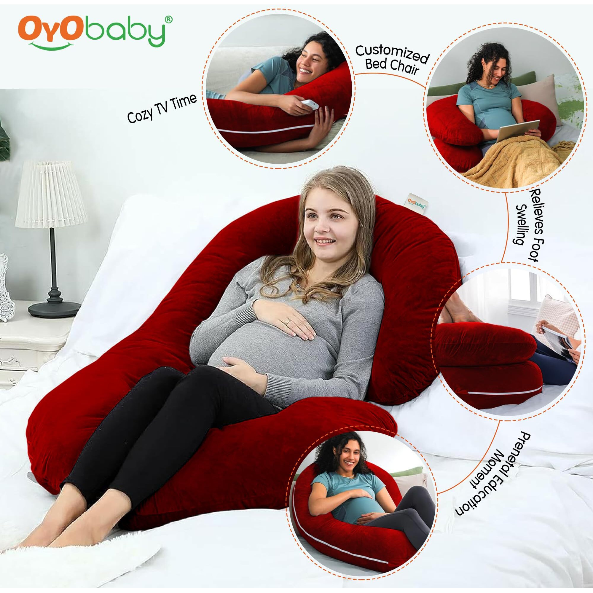 OYO BABY C Shaped Pregnancy Pillow for Sleeping, Maternity Pillow for Pregnant Women with Washable Premium Velvet Cover (Maroon)