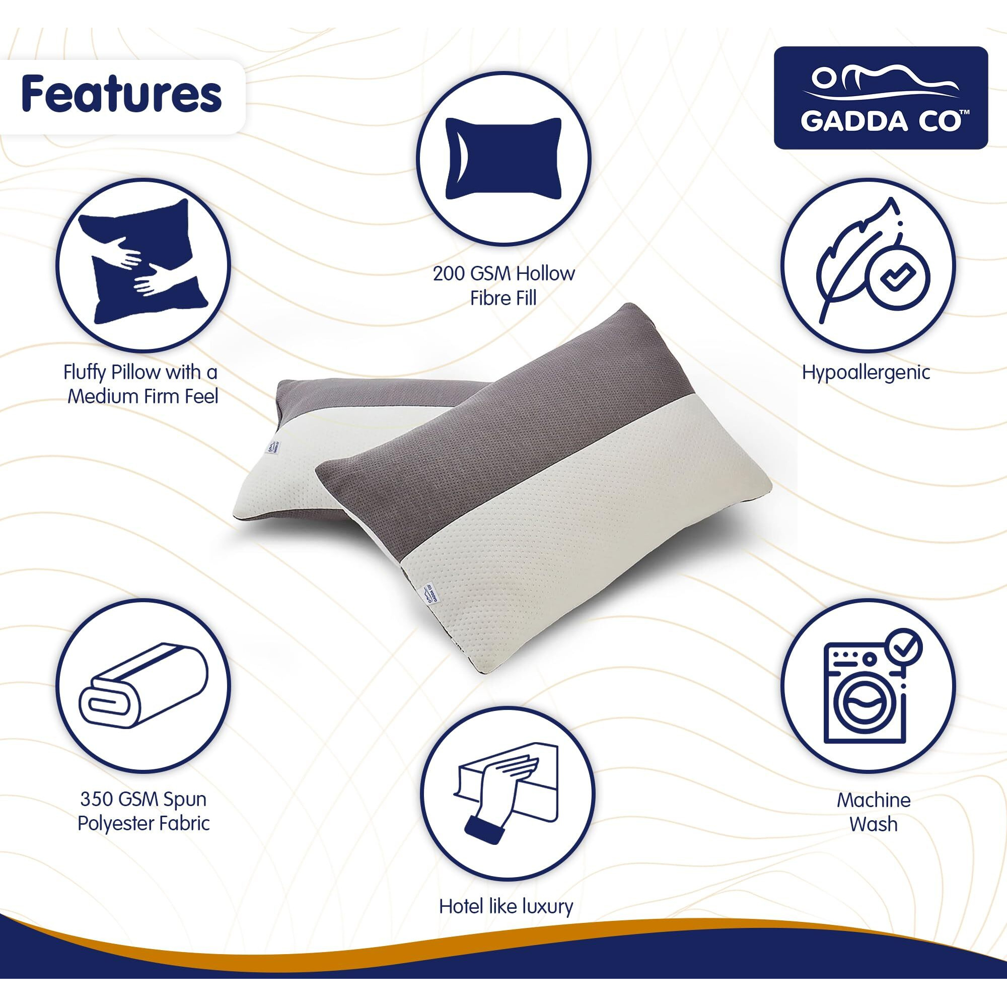 GADDA CO Height Adjustable Hollow Fibre Sleeping Pillow with Zip | Set of 2 (27 X 16 Inch, White and Grey) 6 Months Warranty
