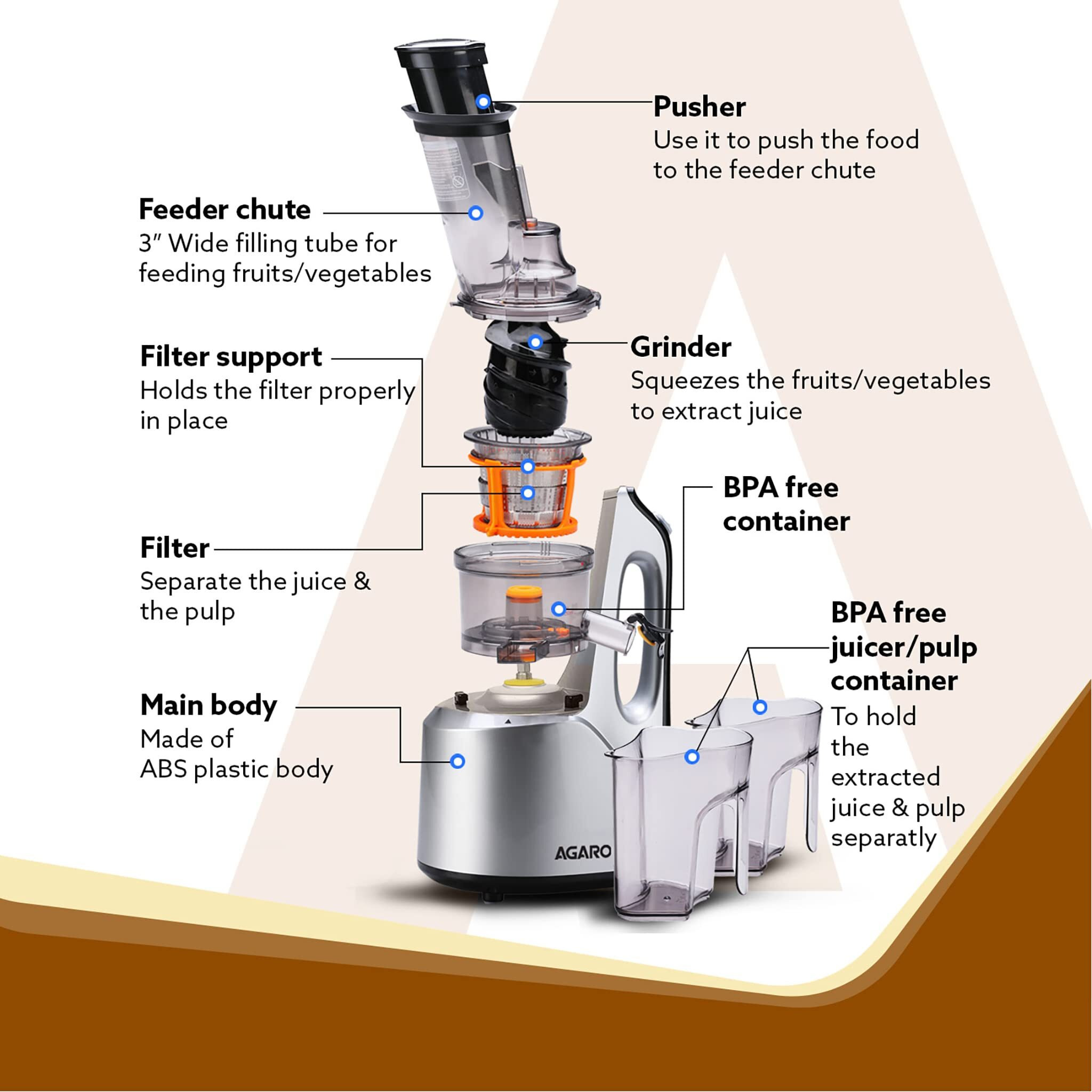 AGARO Imperial Slow Juicer, Professional Cold Press Whole Slow Juicer, 240 Watts Power Motor, 3 Strainers, All-in-1 Fruit & Vegetable Juicer, Grey/Black