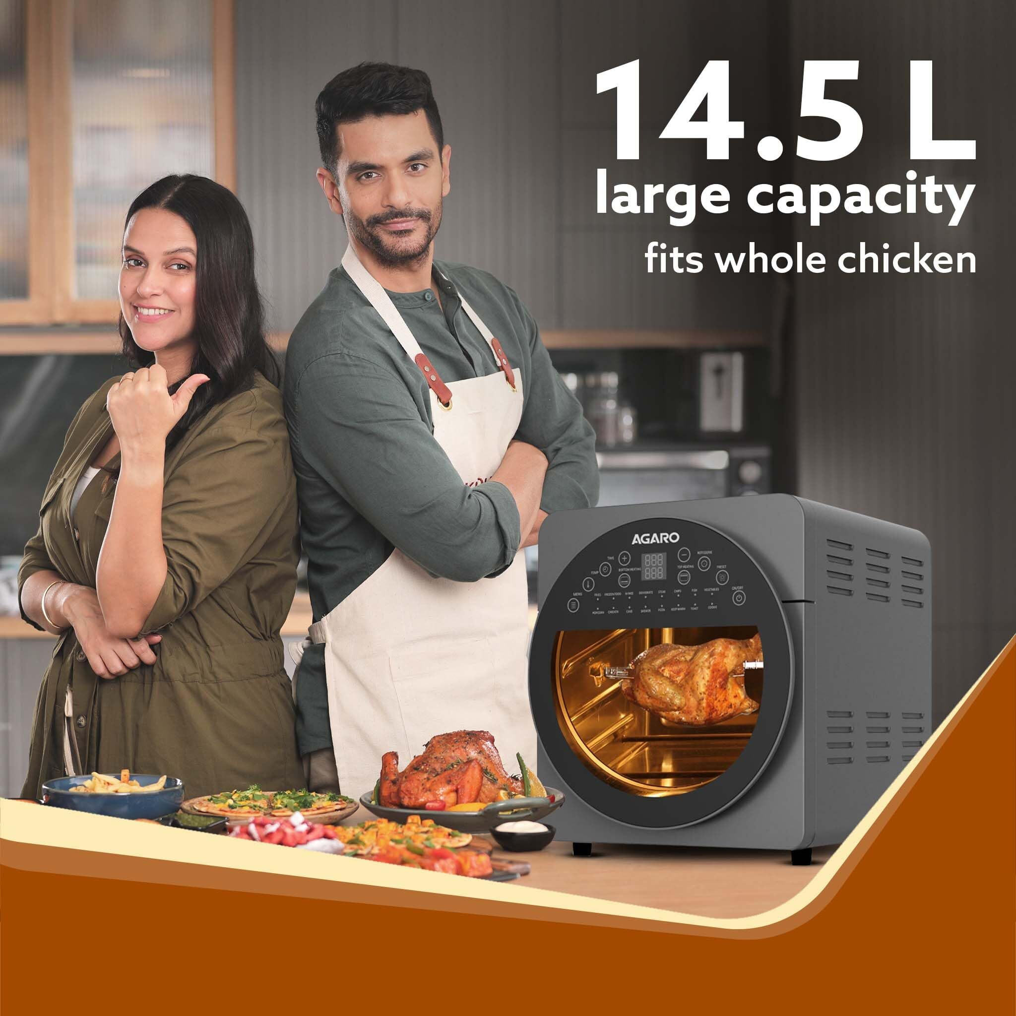 AGARO Elite Air Fryer For Home,14.5L,Rotisserie Convection Oven,1700 watts,Electric Oven,16 Preset Menus,Digital Display,Touch Control,Bake,Roast,Toast,Defrost,Dehydrate,Keep Warm,Dark Grey,14.5 Liter