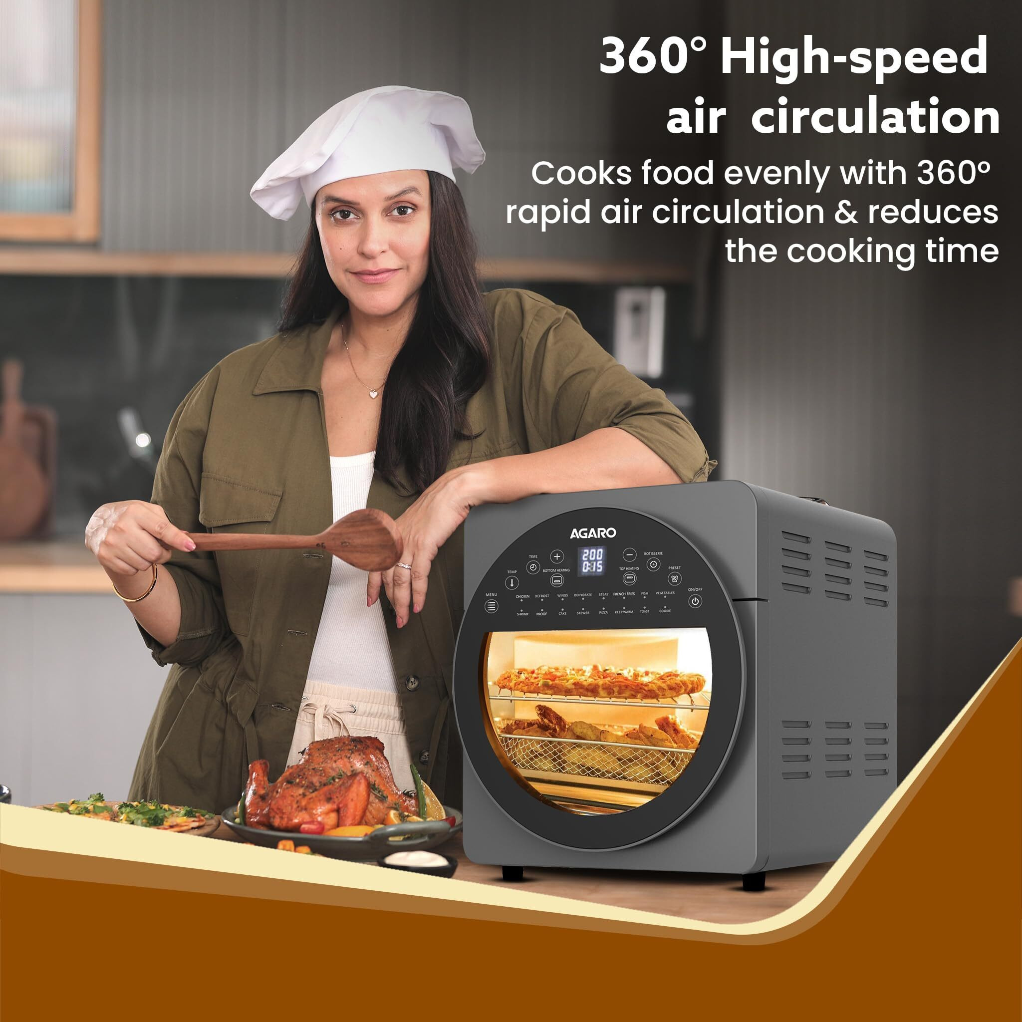 AGARO Elite Air Fryer For Home,14.5L,Rotisserie Convection Oven,1700 watts,Electric Oven,16 Preset Menus,Digital Display,Touch Control,Bake,Roast,Toast,Defrost,Dehydrate,Keep Warm,Dark Grey,14.5 Liter