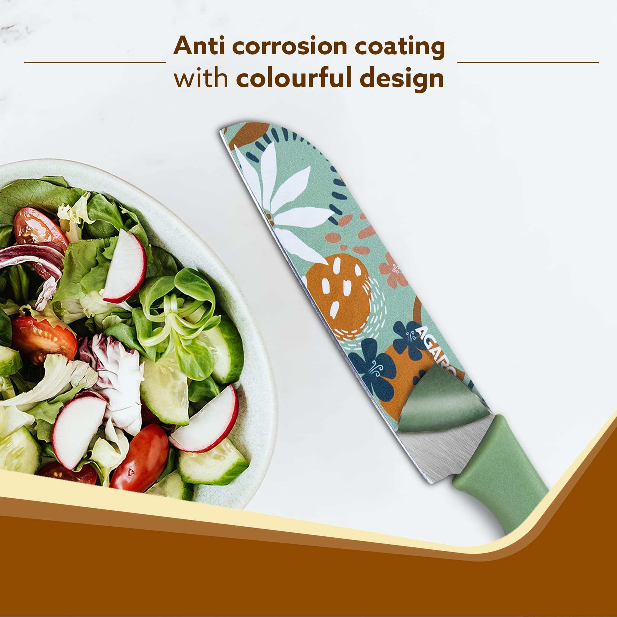AGARO Knife Set, Printed Knife Set, Stainless Steel Knife for Kitchen Use, Home Use, Santoku Knife, Non-Slip Handle, Plastic Cover, Cutting, Slicing, Chopping, Set of 3 (Blue, Green, Pink).