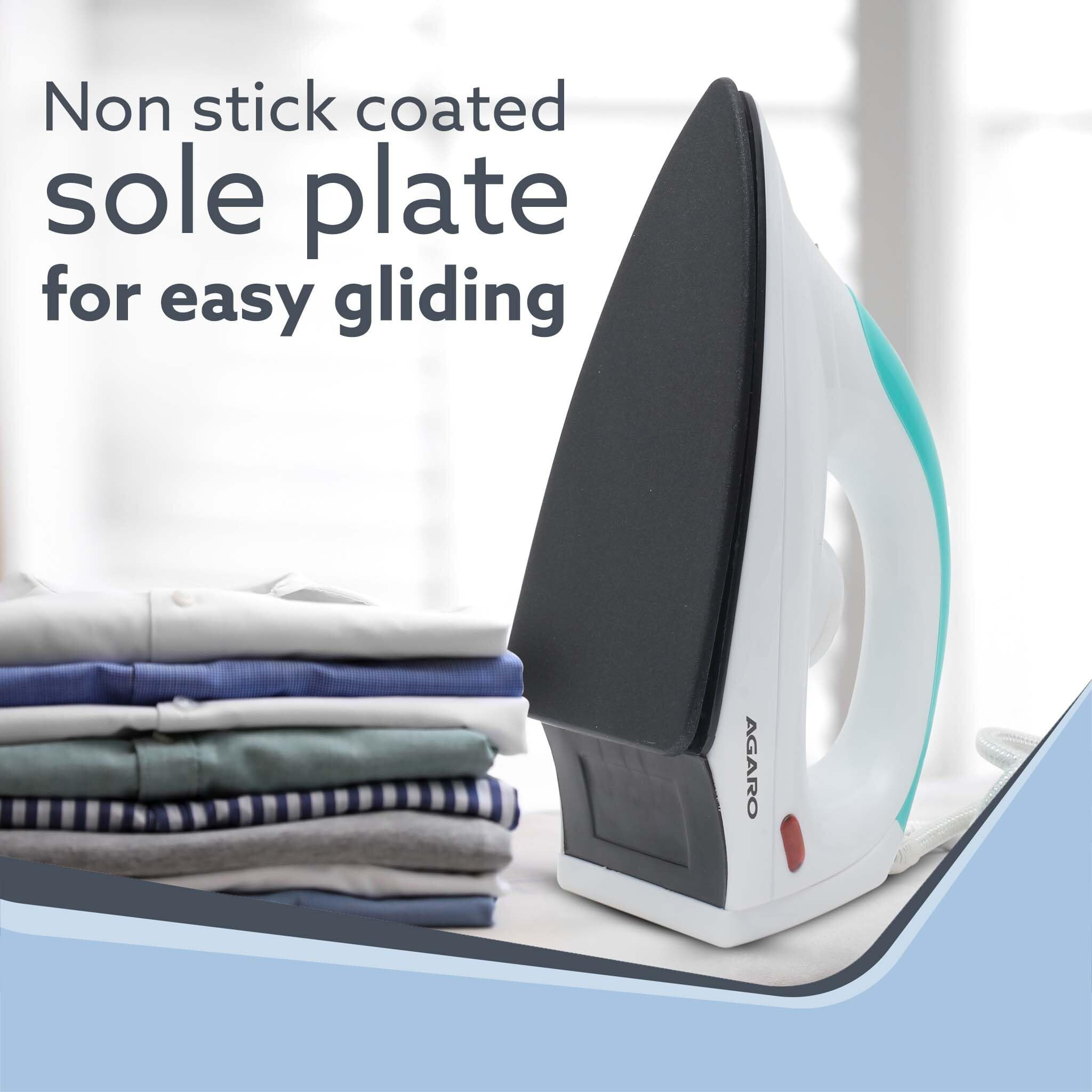 AGARO Grand Electric Dry Iron, 1000W, Non- Stick Coated Sole Plate, Fast Heating, Removes Wrinkle, Creases, Green & White