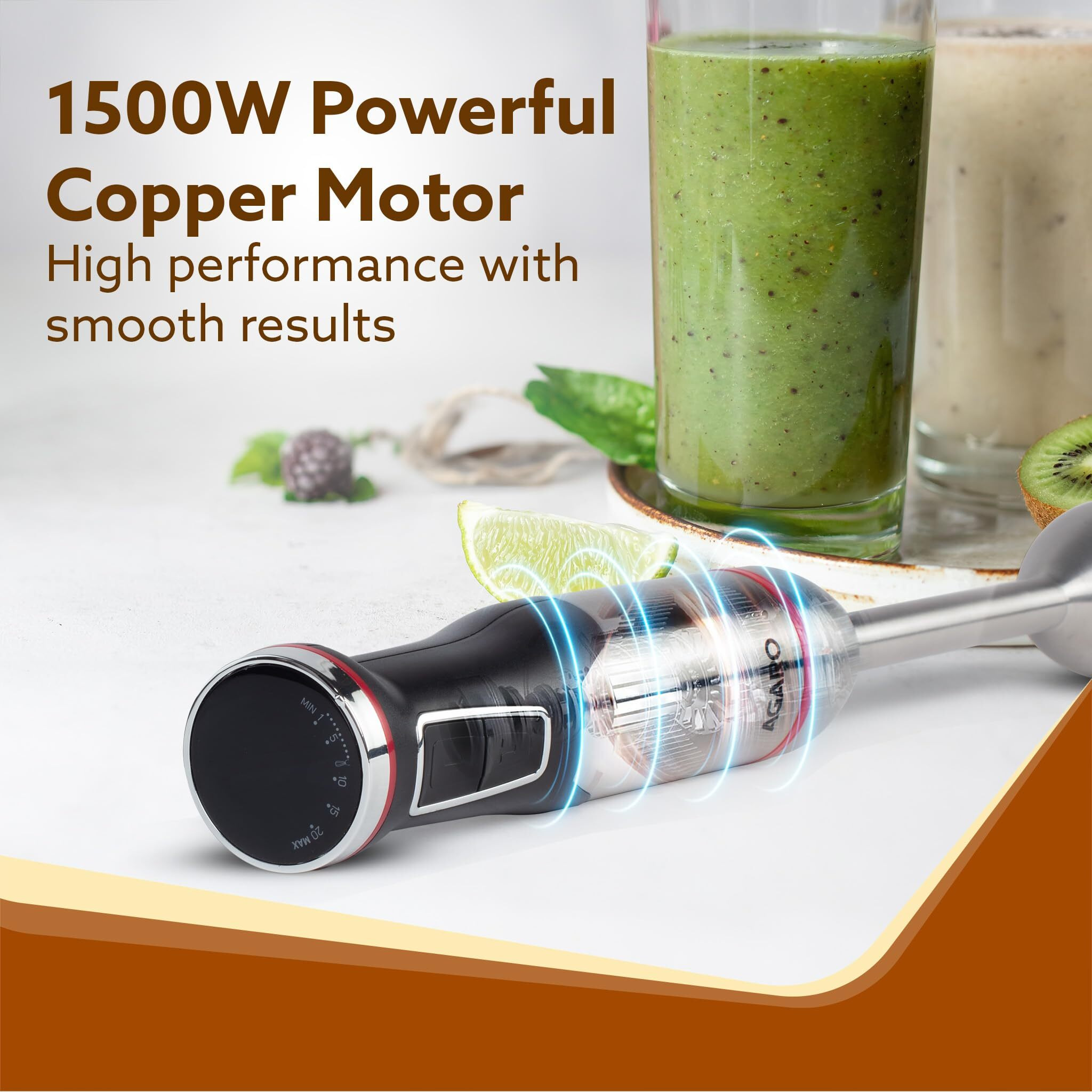 AGARO Royal Hand Blender & Chopper, 1500W Copper Motor, 2 Modes & 20 adjustable Speed, Chopping, Mixing, Puree, Stainless Steel Blades(Black).