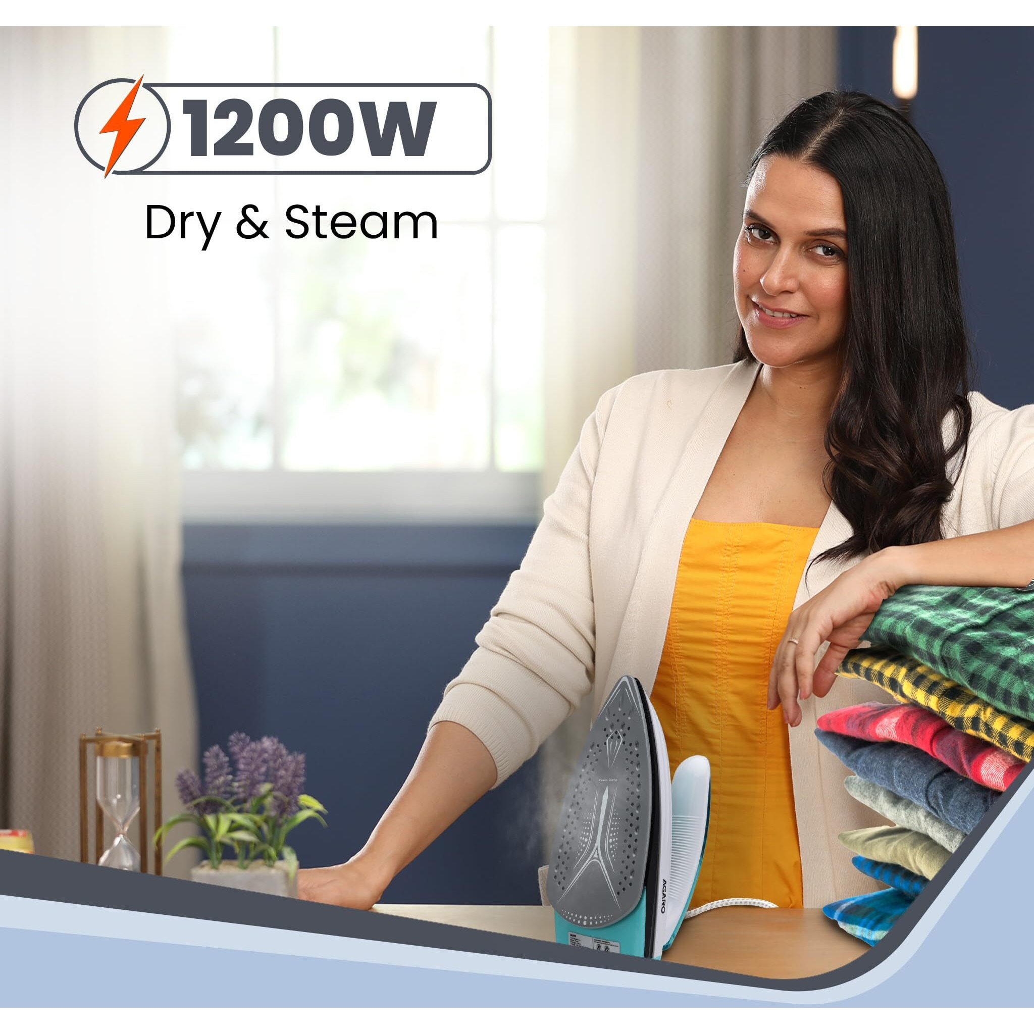 AGARO Primo Travel Steam Iron, 1200W, Compact, Ceramic Coated Sole plate, Cotton, Wool, Poly, Silk, Linen, Nylon, Multi-Fabric Iron, Foldable Handle, Travel