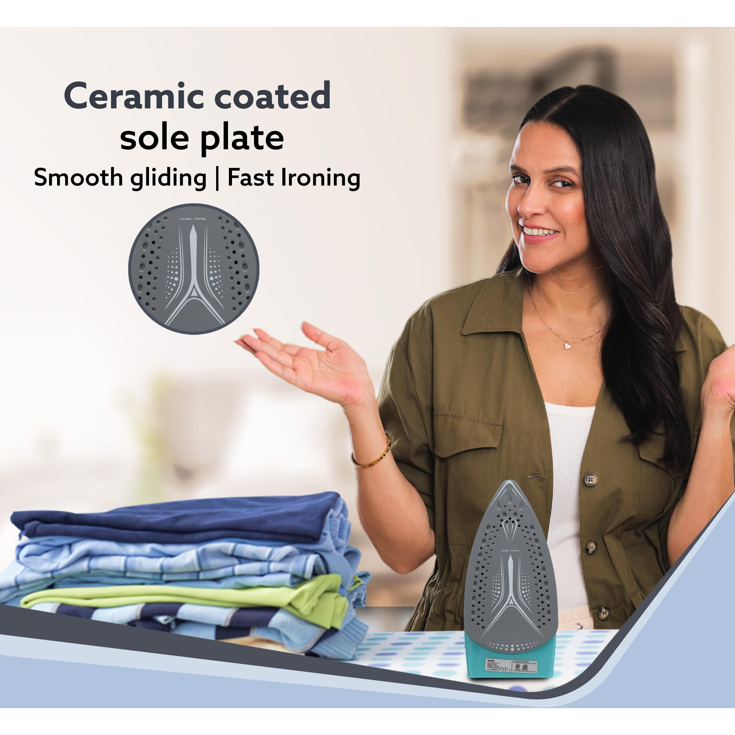 AGARO Primo Travel Steam Iron, 1200W, Compact, Ceramic Coated Sole plate, Cotton, Wool, Poly, Silk, Linen, Nylon, Multi-Fabric Iron, Foldable Handle, Travel
