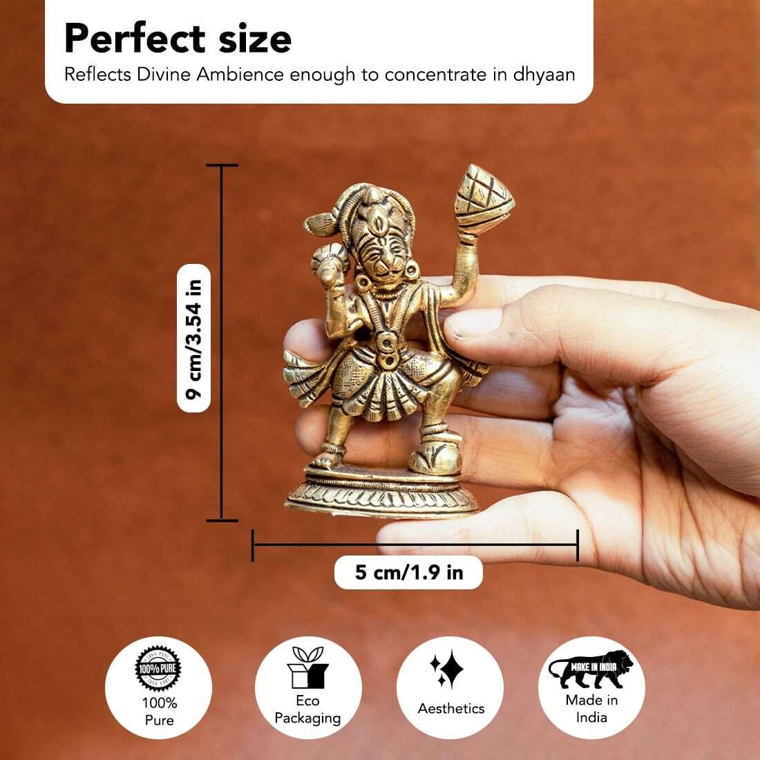Ekhasa 100% Pure Brass Hanuman Ji Murti for Home Puja (Size 8.4 cm) | Lord Hanuman Idol for Desk, Car and Home Decor | Balaji Idol | Bajrangbali Murti | Bahubali Hanuman Idol