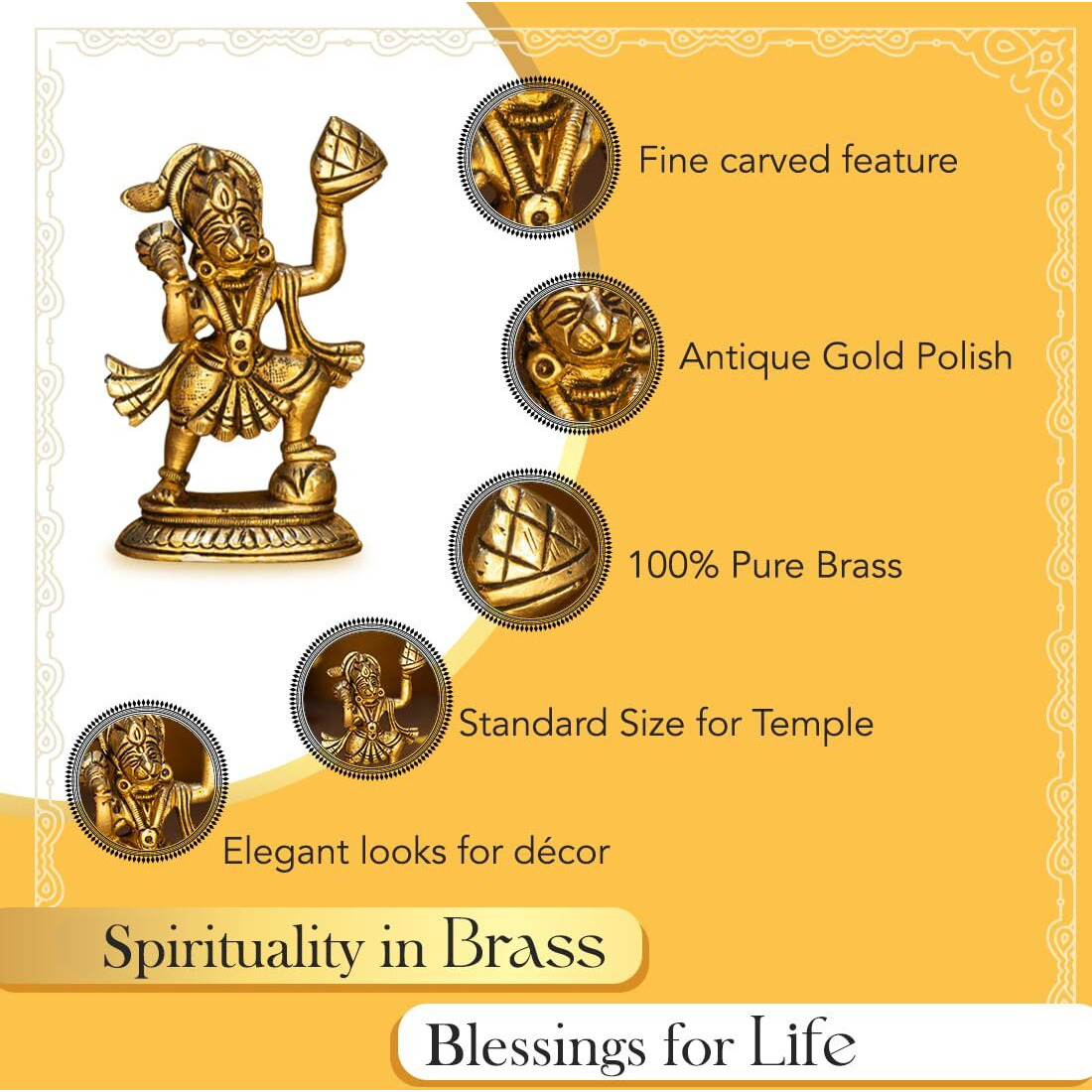 Ekhasa 100% Pure Brass Hanuman Ji Murti for Home Puja (Size 8.4 cm) | Lord Hanuman Idol for Desk, Car and Home Decor | Balaji Idol | Bajrangbali Murti | Bahubali Hanuman Idol