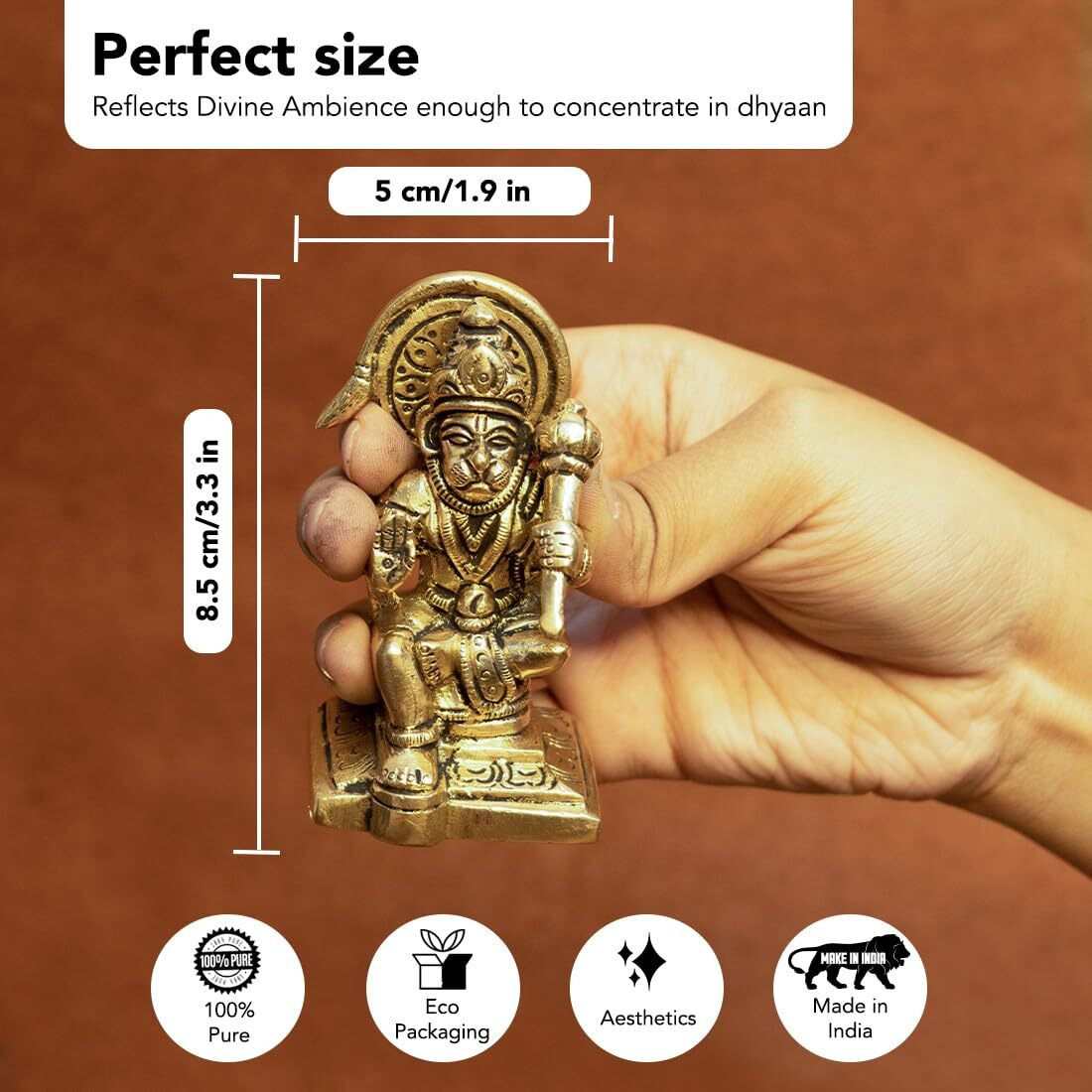 Ekhasa 100% Pure Brass Hanuman Ji Murti (Size 8.4 cm) | Lord Hanuman Idol for Home Puja, Office Desk and Car Dashboard | Balaji Idol | Bahubali Hanuman Idol | Ideal Gift for All Occasions