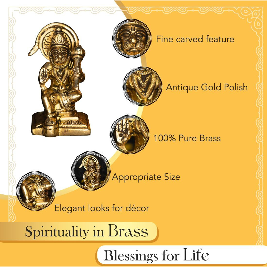 Ekhasa 100% Pure Brass Hanuman Ji Murti (Size 8.4 cm) | Lord Hanuman Idol for Home Puja, Office Desk and Car Dashboard | Balaji Idol | Bahubali Hanuman Idol | Ideal Gift for All Occasions