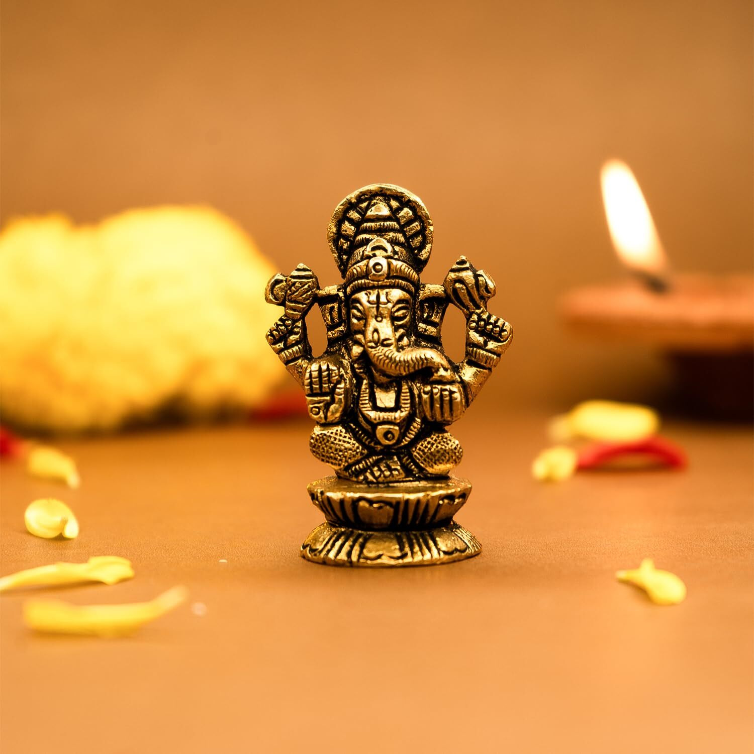 Ekhasa 100% Pure Brass Ganesha Idol (Size 5.5 cm) | Pital Ganesh Murti for Pooja Room, Home Decor, Office Desk and Car Dashboard | Vinayagar Statue for Diwali Puja
