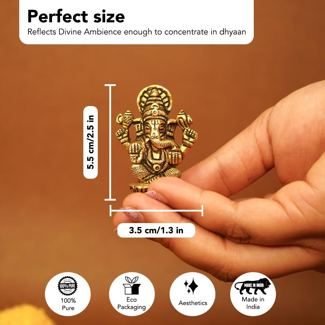 Ekhasa 100% Pure Brass Ganesha Idol (Size 5.5 cm) | Pital Ganesh Murti for Pooja Room, Home Decor, Office Desk and Car Dashboard | Vinayagar Statue for Diwali Puja