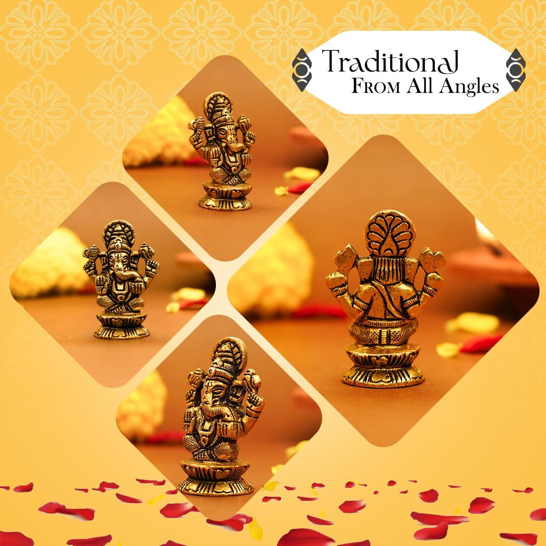 Ekhasa 100% Pure Brass Ganesha Idol (Size 5.5 cm) | Pital Ganesh Murti for Pooja Room, Home Decor, Office Desk and Car Dashboard | Vinayagar Statue for Diwali Puja