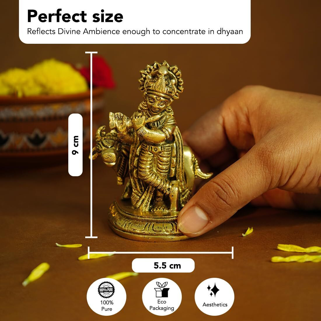 Ekhasa 100% Pure Brass Lord Krishna Idol with Flute (9 cm) | Shree Lord Krishna Statue for Home Decor | Kanha Ji ki Murti for Office Desk | Sri Krishna Idols Gift for House Warming