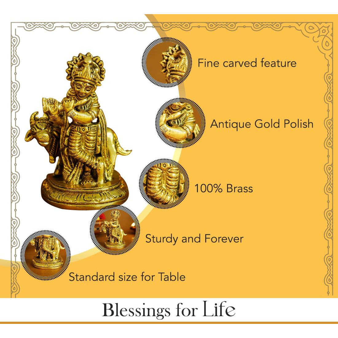 Ekhasa 100% Pure Brass Lord Krishna Idol with Flute (9 cm) | Shree Lord Krishna Statue for Home Decor | Kanha Ji ki Murti for Office Desk | Sri Krishna Idols Gift for House Warming