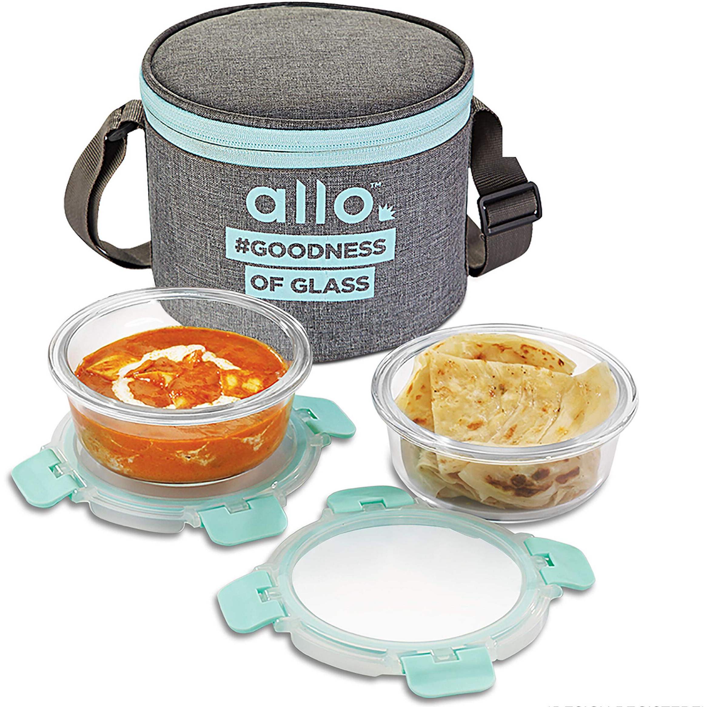 Allo FoodSafe Glass Lunch Box with Break Free Detachable Lock, Oven Safe Microwave Safe Borosilicate Glass Container, Office Tiffin with Canvas Grey Bag, Set of 2 Round 390ml, Round