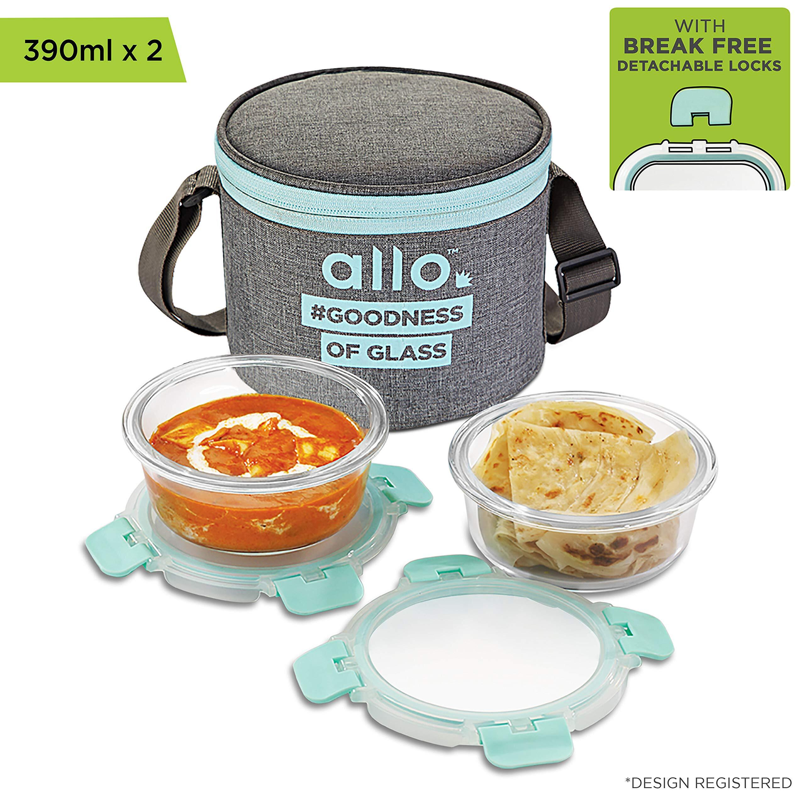 Allo FoodSafe Glass Lunch Box with Break Free Detachable Lock, Oven Safe Microwave Safe Borosilicate Glass Container, Office Tiffin with Canvas Grey Bag, Set of 2 Round 390ml, Round