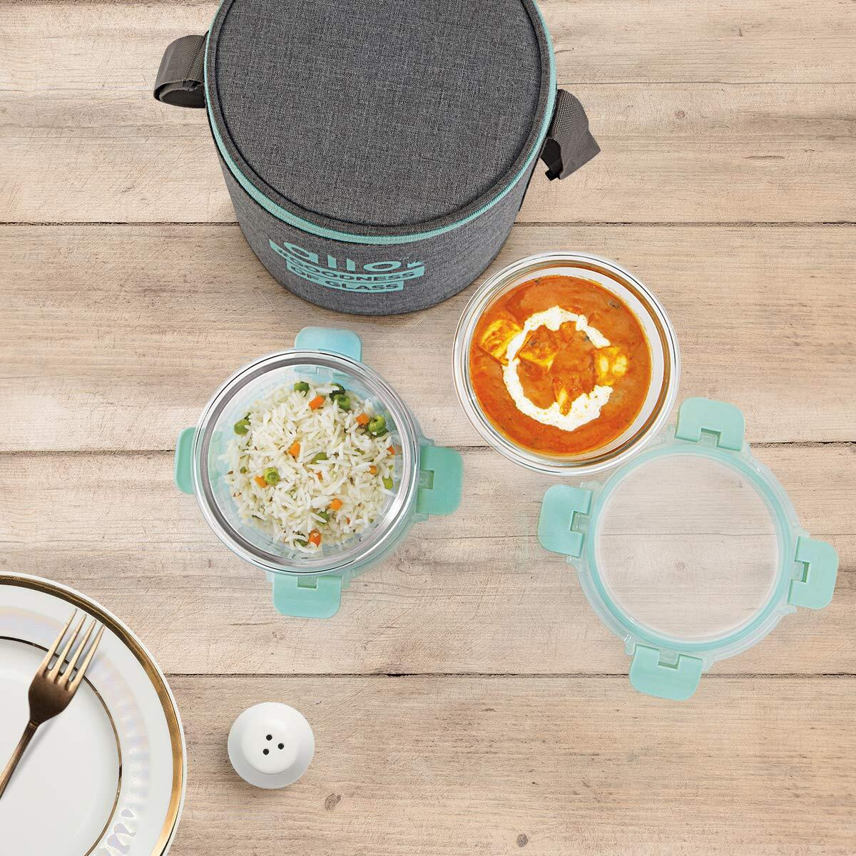 Allo FoodSafe Glass Lunch Box with Break Free Detachable Lock, Oven Safe Microwave Safe Borosilicate Glass Container, Office Tiffin with Canvas Grey Bag, Set of 2 Round 390ml, Round