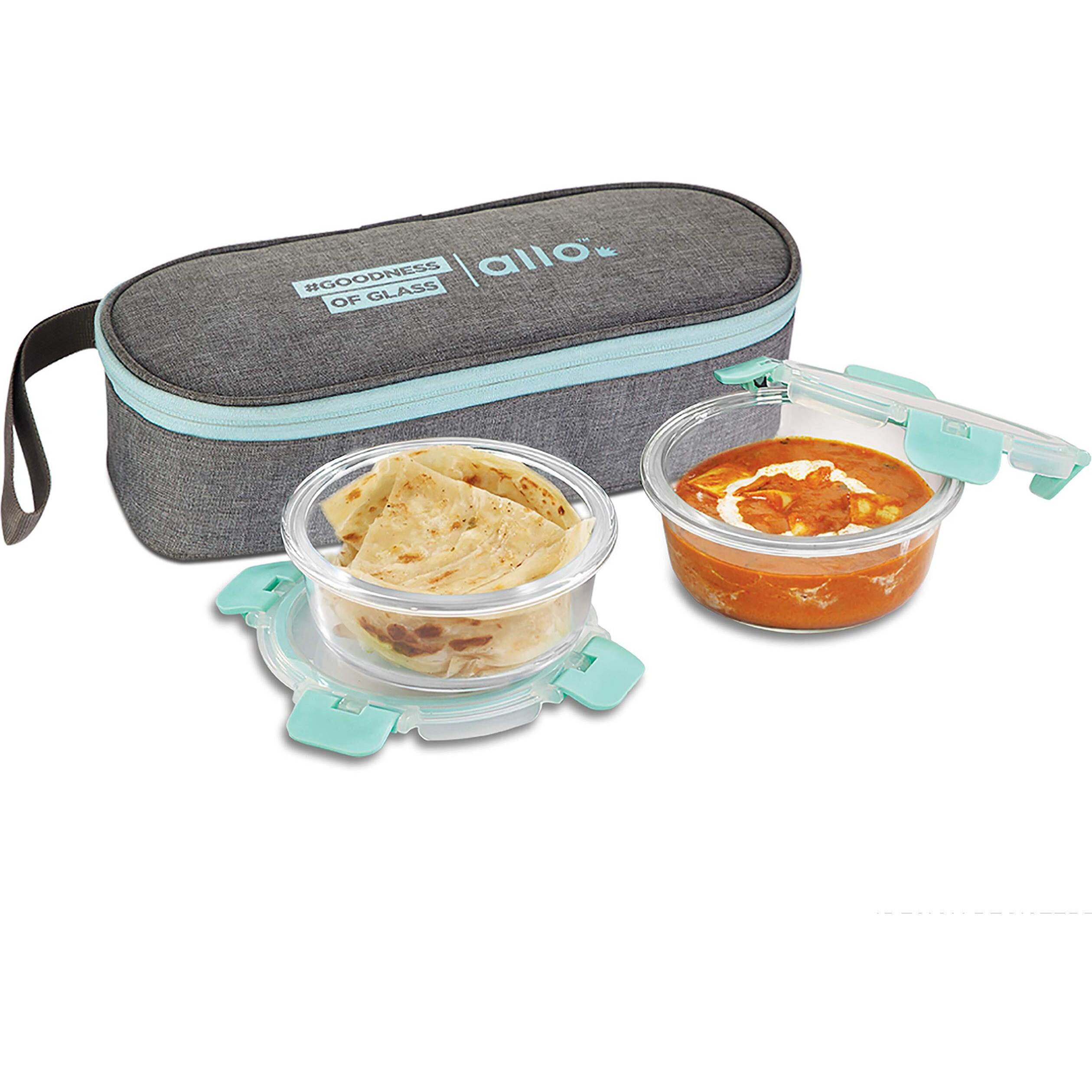 Allo FoodSafe Glass Lunch Box with Break Free Detachable Lock, Oven Safe Microwave Safe Borosilicate Glass Container, Office Tiffin with Canvas Grey Flat Bag, Set of 2, 390ml, Round