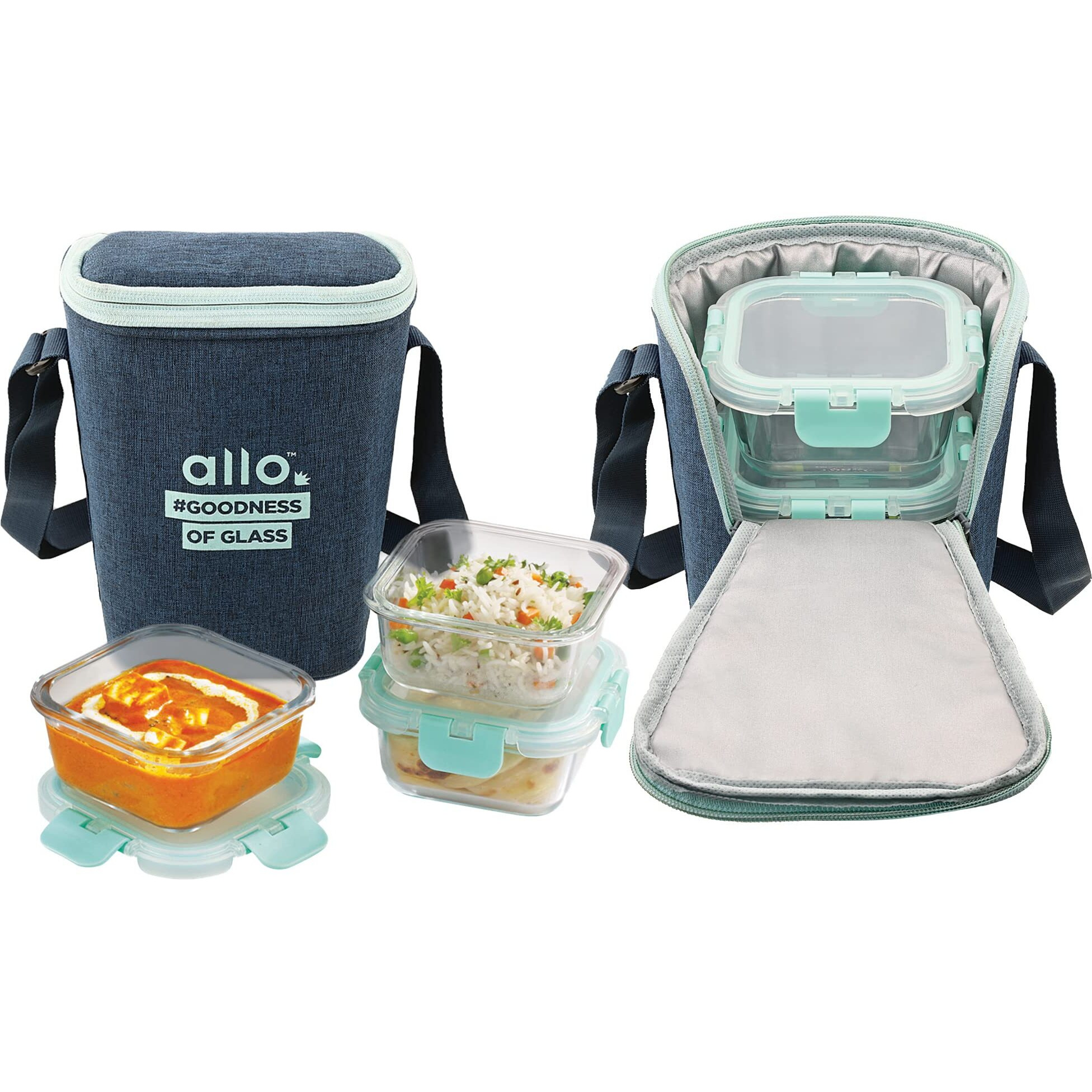Allo FoodSafe 310ml x 3 Glass Lunch Box with Break Free Detachable Lock, Oven Safe Microwave Safe High Borosilicate, Office Tiffin with Denim Blue Bag, Set of 3 Square