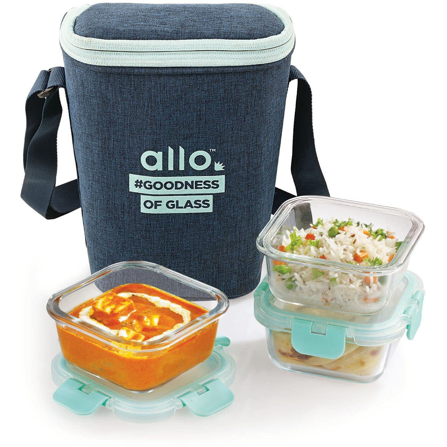 Allo FoodSafe 310ml x 3 Glass Lunch Box with Break Free Detachable Lock, Oven Safe Microwave Safe High Borosilicate, Office Tiffin with Denim Blue Bag, Set of 3 Square