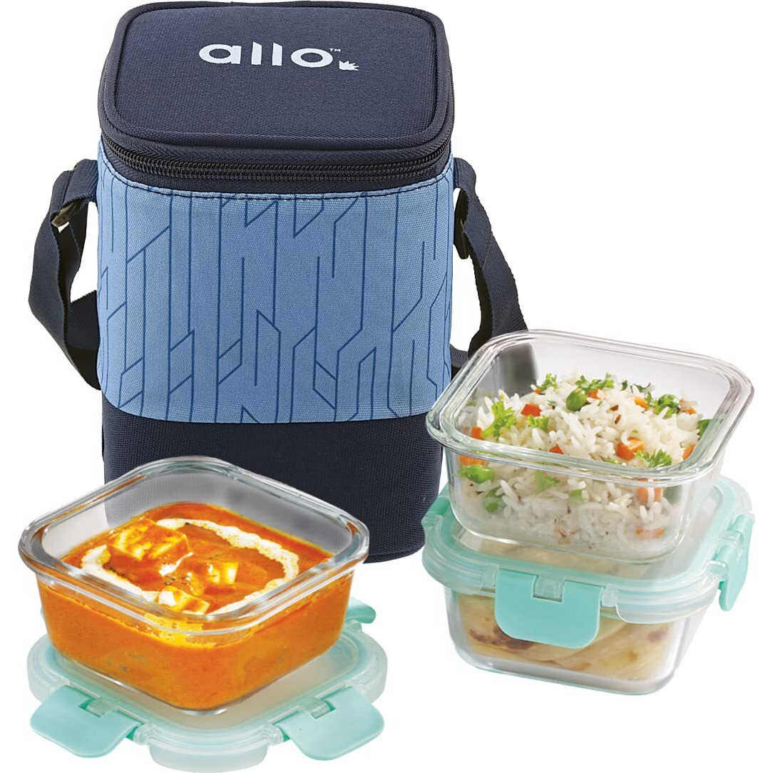 Allo FoodSafe Glass Lunch Box with Break Free Detachable Lock, Oven & Microwave Safe, Borosilicate Glass Container, Office Tiffin with Space Blue Bag, Set of 3, 310ml, Square